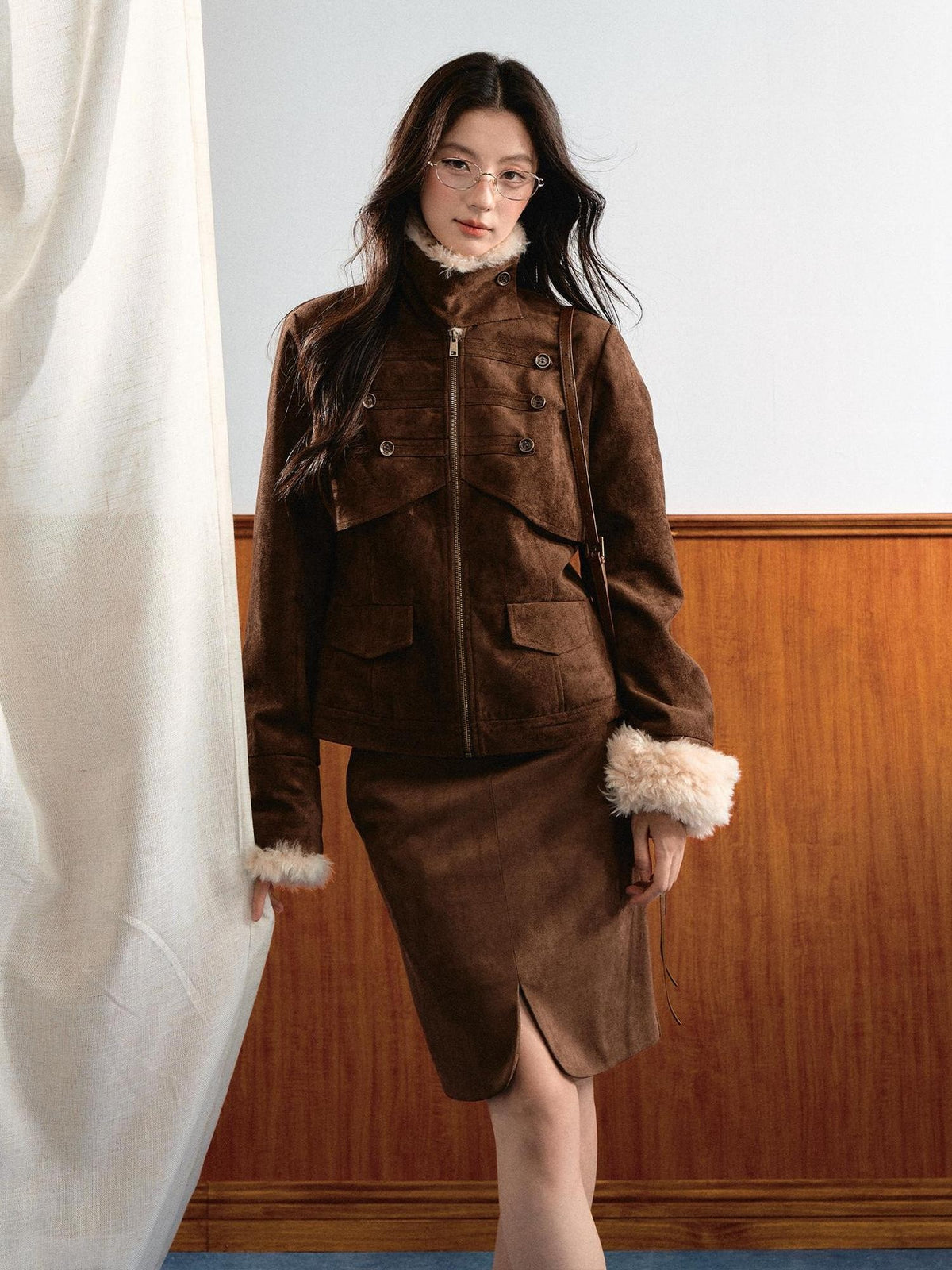 7Shiftin Vintage Faux Suede Napoleon Fluffy Fleece Symmetrical Button Women&