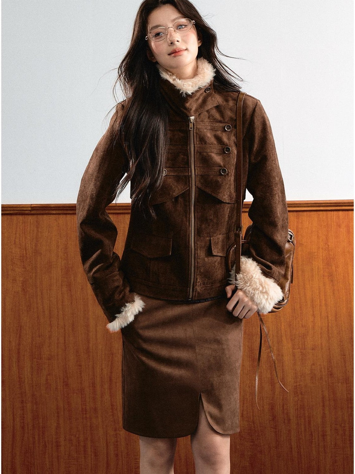 7Shiftin Vintage Faux Suede Napoleon Fluffy Fleece Symmetrical Button Women&