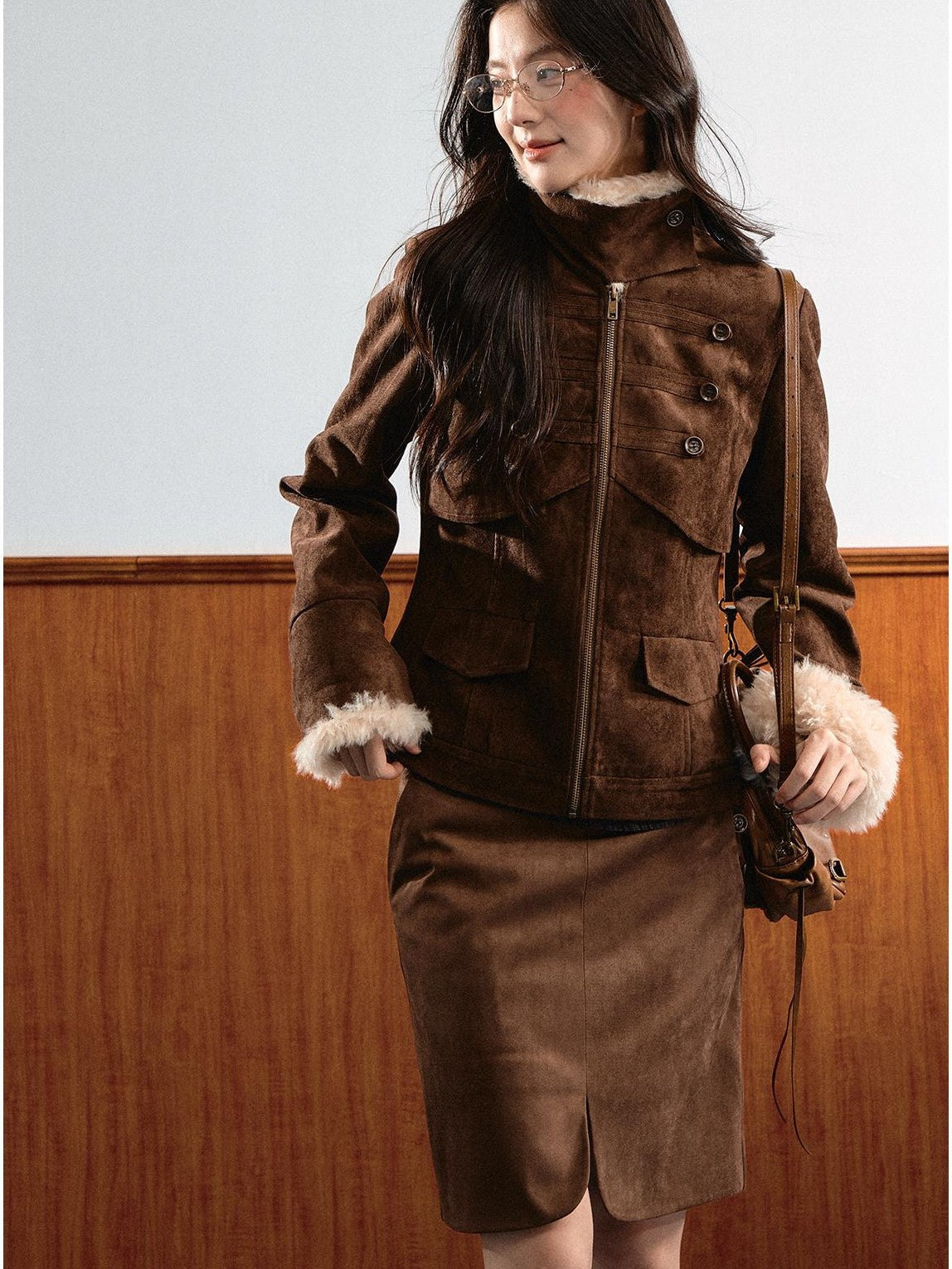 7Shiftin Vintage Faux Suede Napoleon Fluffy Fleece Symmetrical Button Women&