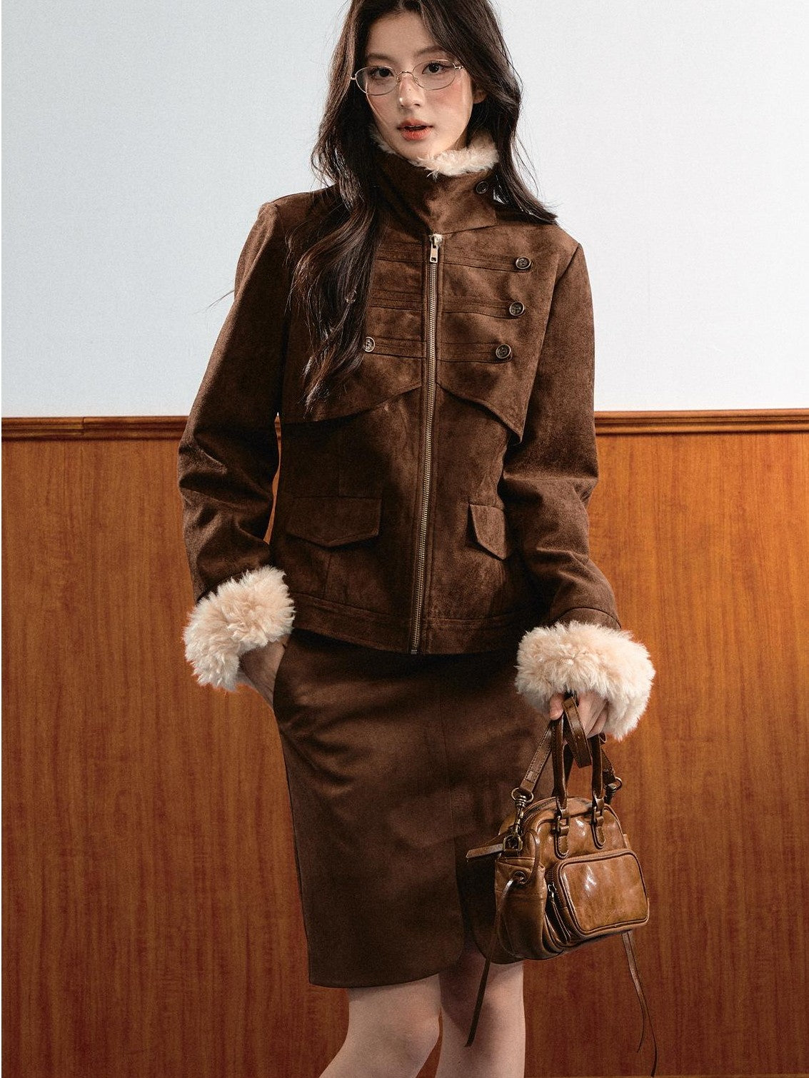 7Shiftin Vintage Faux Suede Napoleon Fluffy Fleece Symmetrical Button Women&