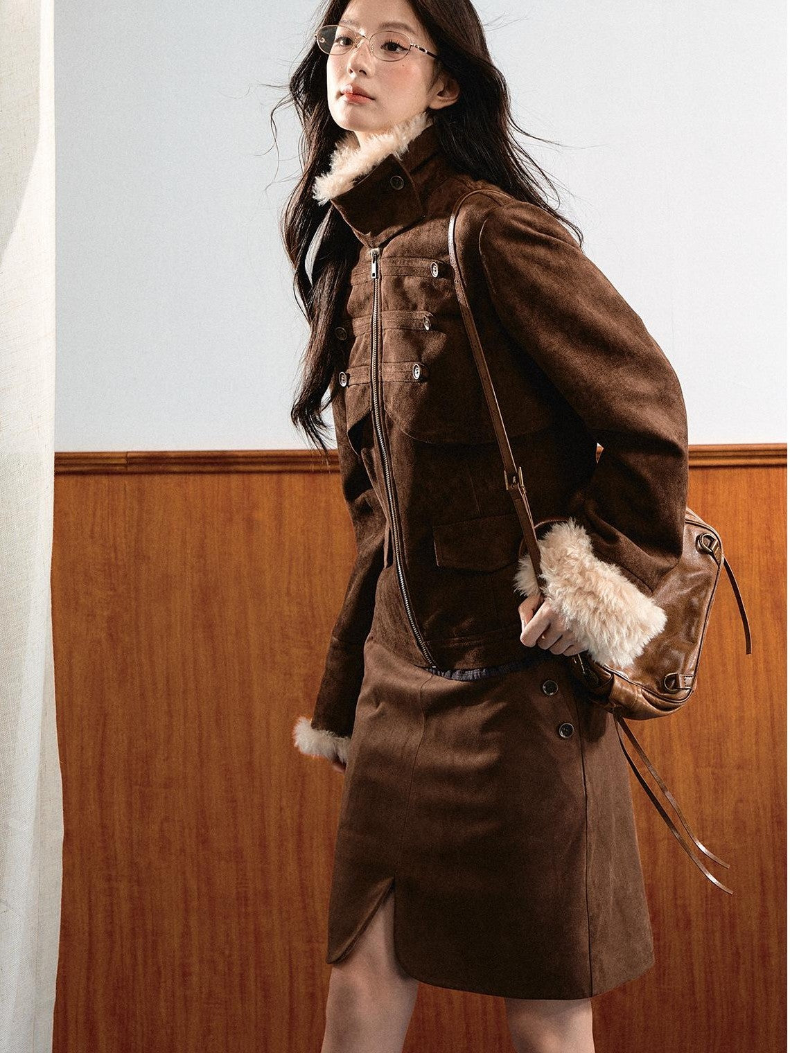 7Shiftin Vintage Faux Suede Napoleon Fluffy Fleece Symmetrical Button Women&