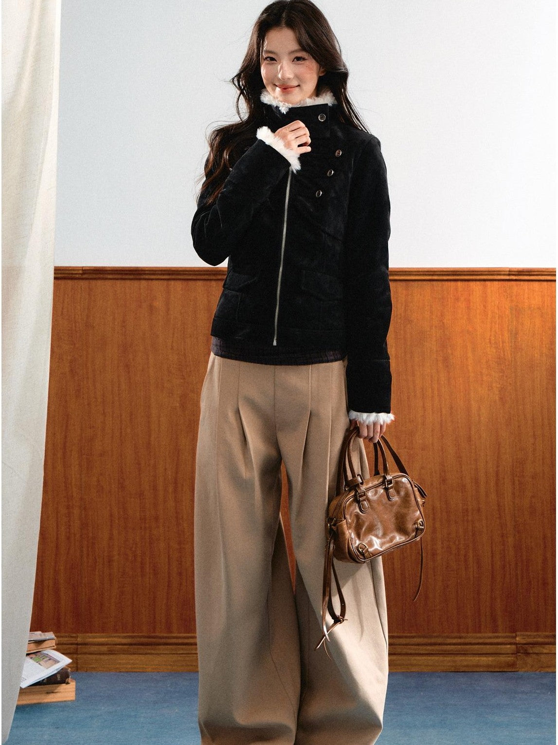 7Shiftin Vintage Faux Suede Napoleon Fluffy Fleece Symmetrical Button Women&