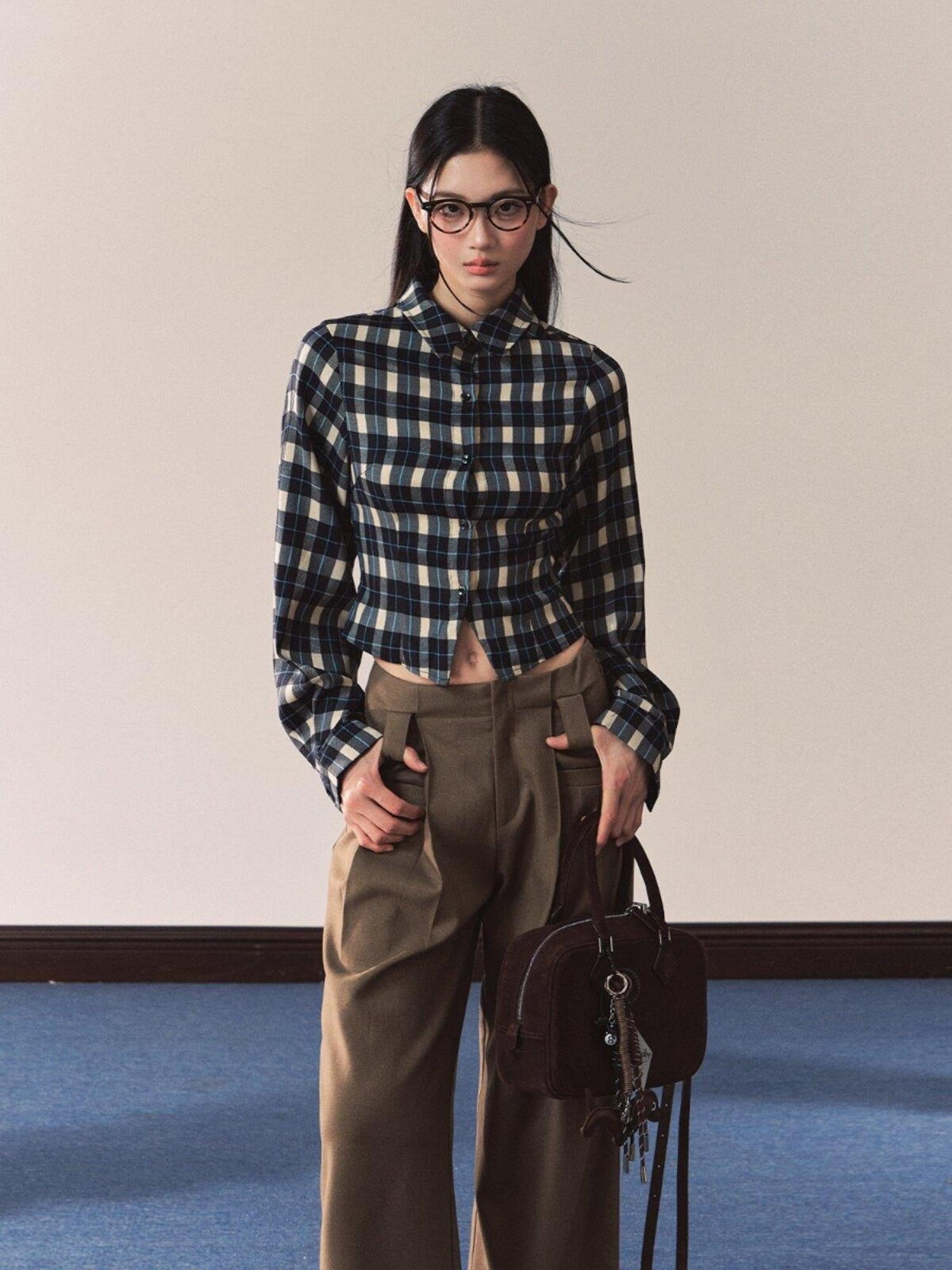 7Shiftin Vintage Plaid Slim Fit Stand Collar Women&