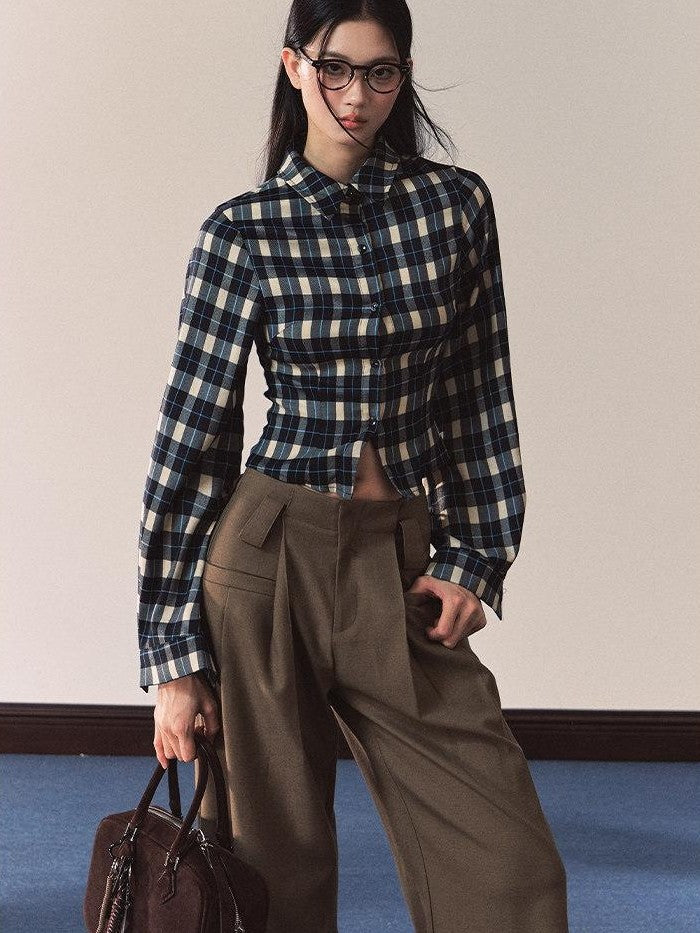 7Shiftin Vintage Plaid Slim Fit Stand Collar Women&