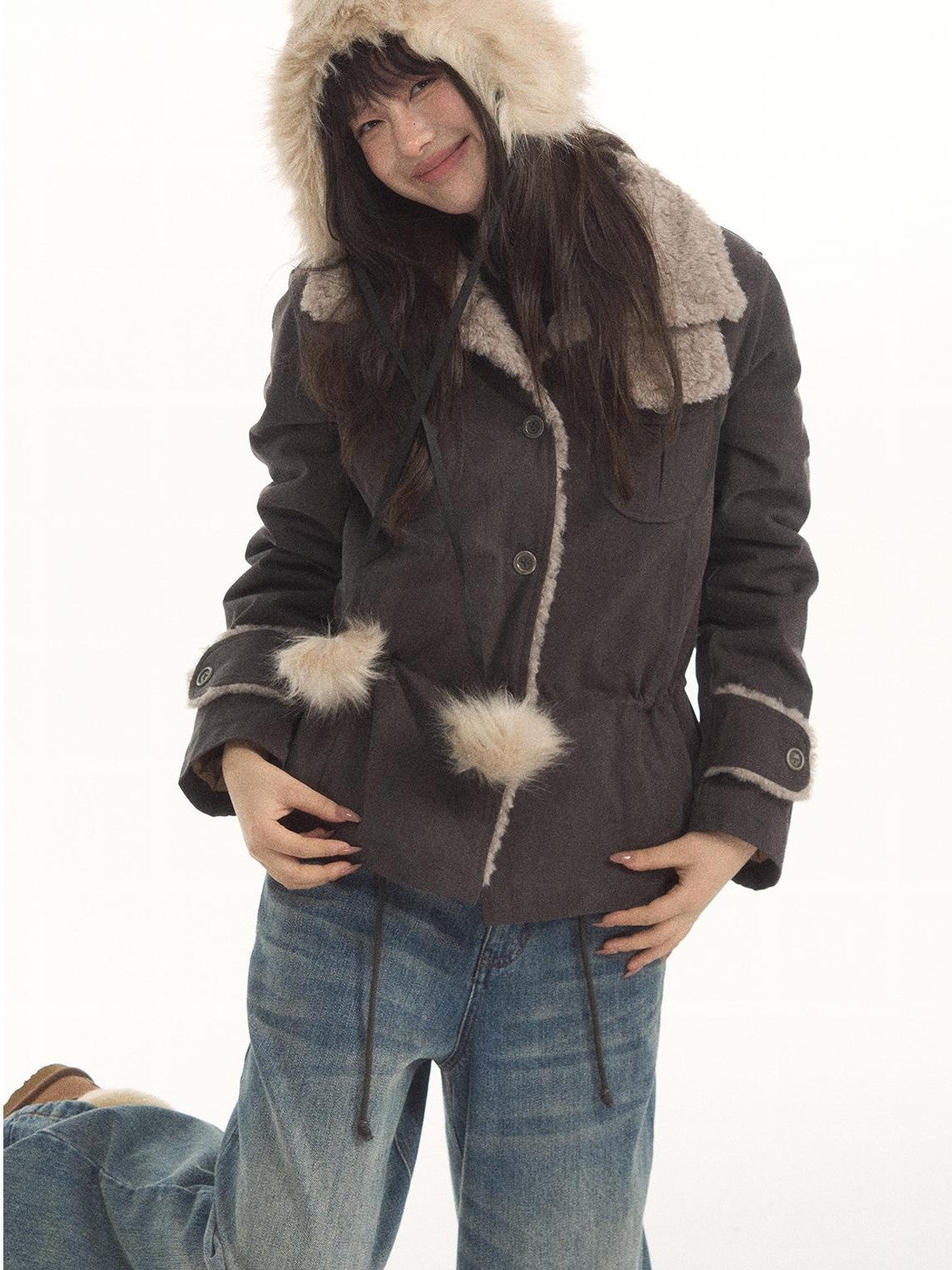 7Shiftin Vintage Utility Fleece Waist Cinch Button Cotton Women&