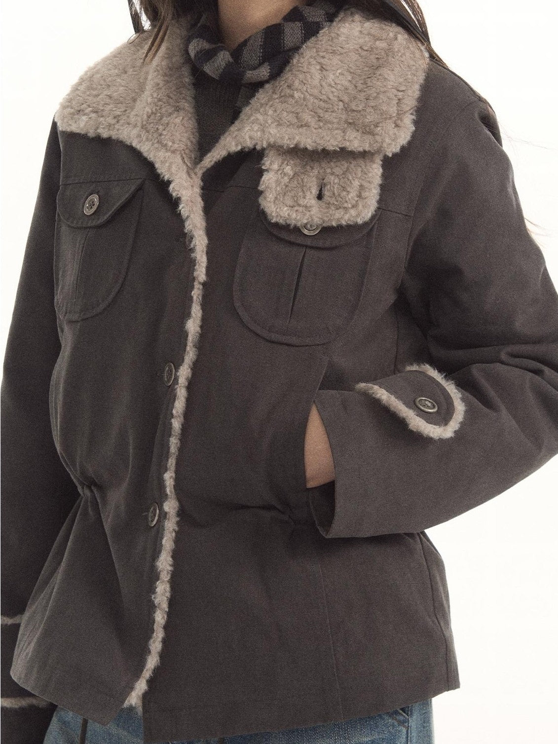 7Shiftin Vintage Utility Fleece Waist Cinch Button Cotton Women&