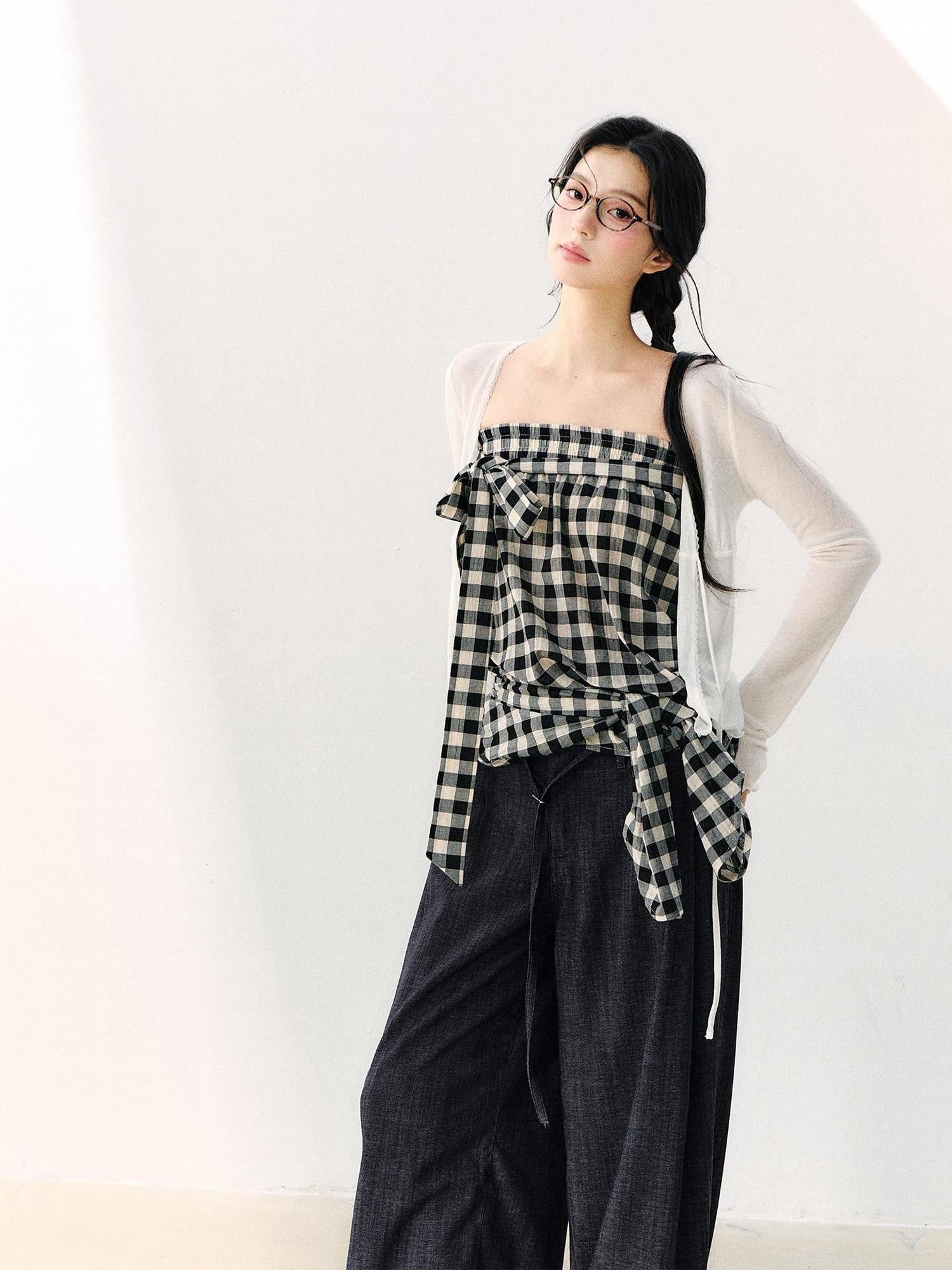 7Shiftin Washed Plaid One Shoulder Bow Ruched Waist Spliced Women&