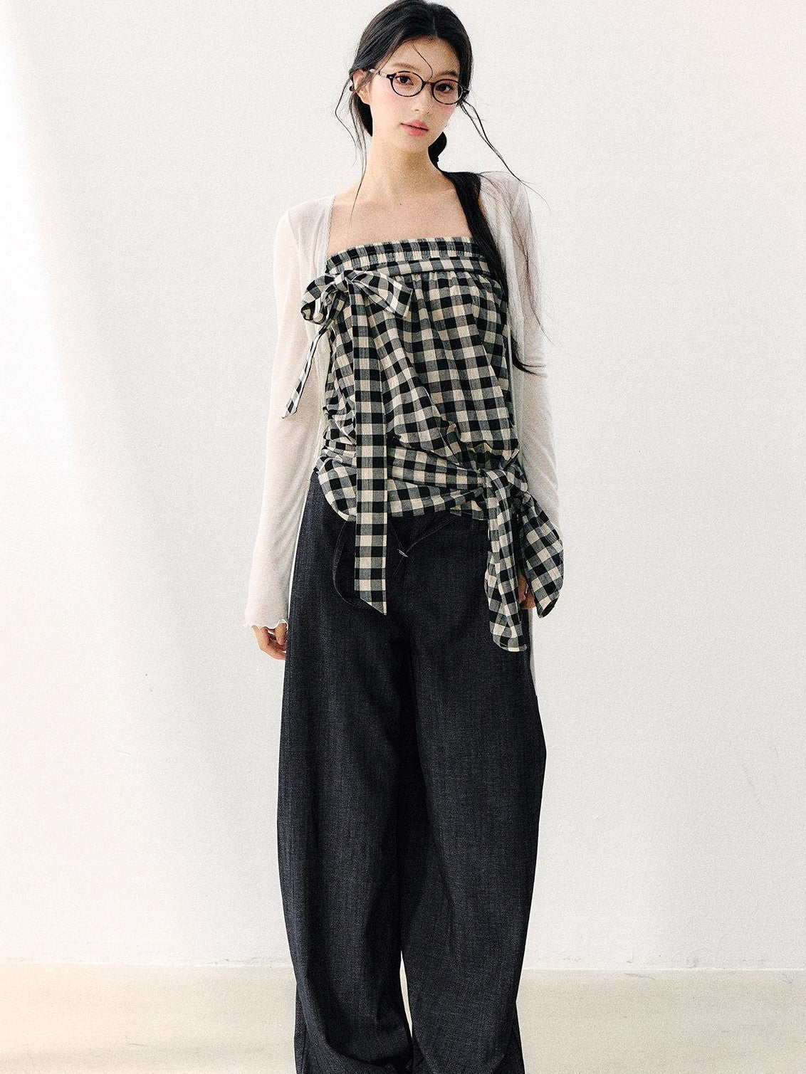 7Shiftin Washed Plaid One Shoulder Bow Ruched Waist Spliced Women&