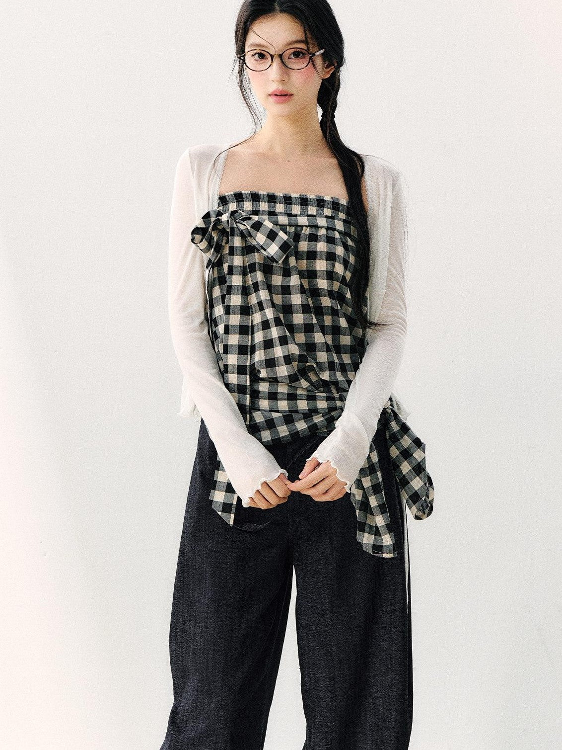 7Shiftin Washed Plaid One Shoulder Bow Ruched Waist Spliced Women&