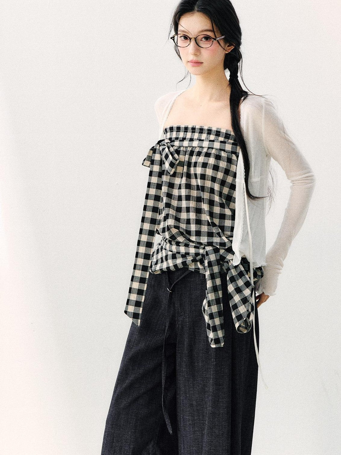 7Shiftin Washed Plaid One Shoulder Bow Ruched Waist Spliced Women&