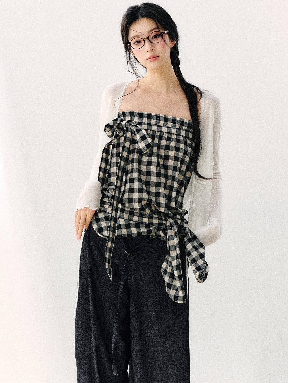 7Shiftin Washed Plaid One Shoulder Bow Ruched Waist Spliced Women&