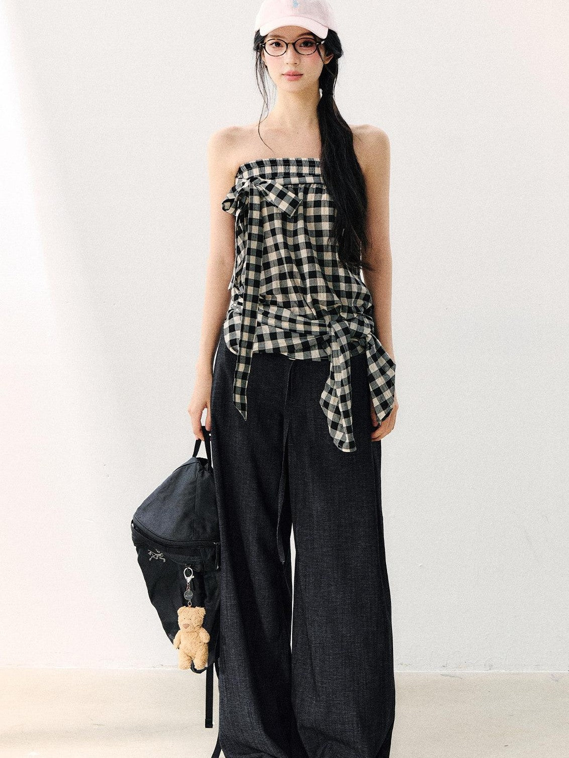 7Shiftin Washed Plaid One Shoulder Bow Ruched Waist Spliced Women&