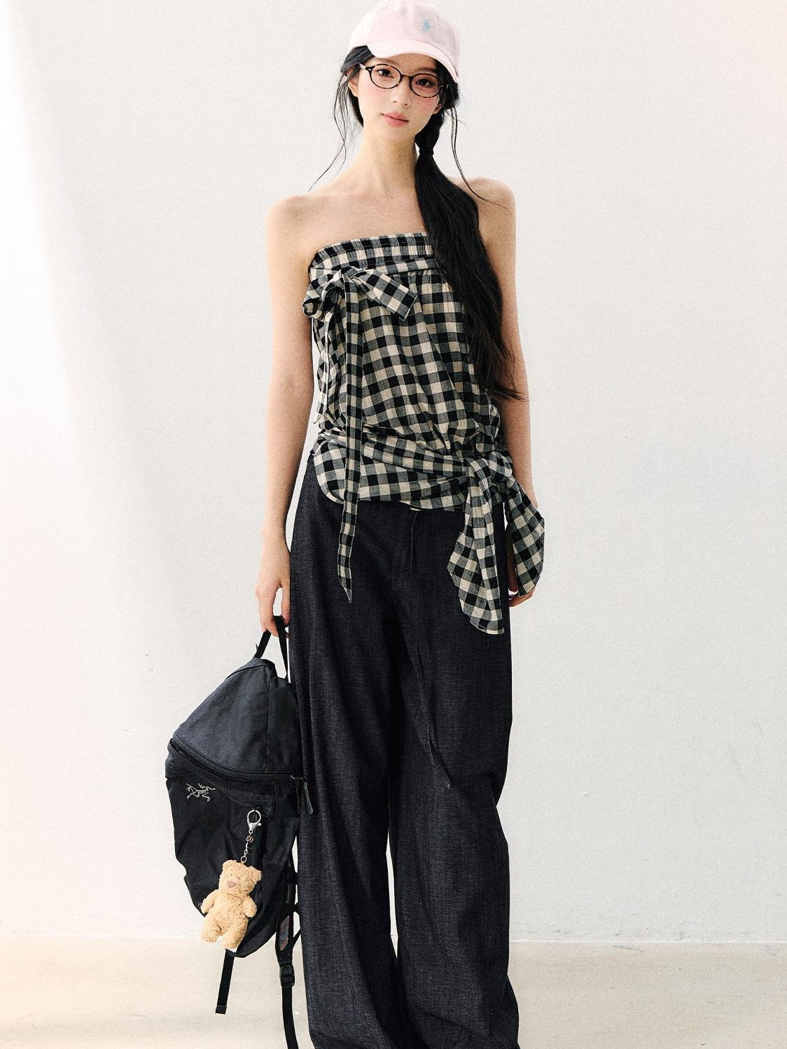 7Shiftin Washed Plaid One Shoulder Bow Ruched Waist Spliced Women&