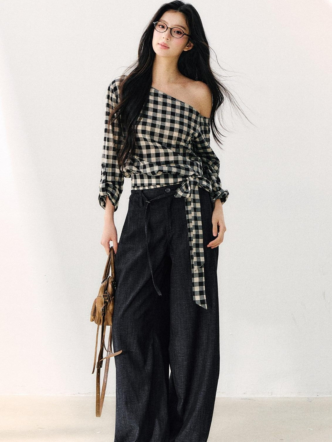 7Shiftin Washed Plaid One Shoulder Bow Ruched Waist Spliced Women&