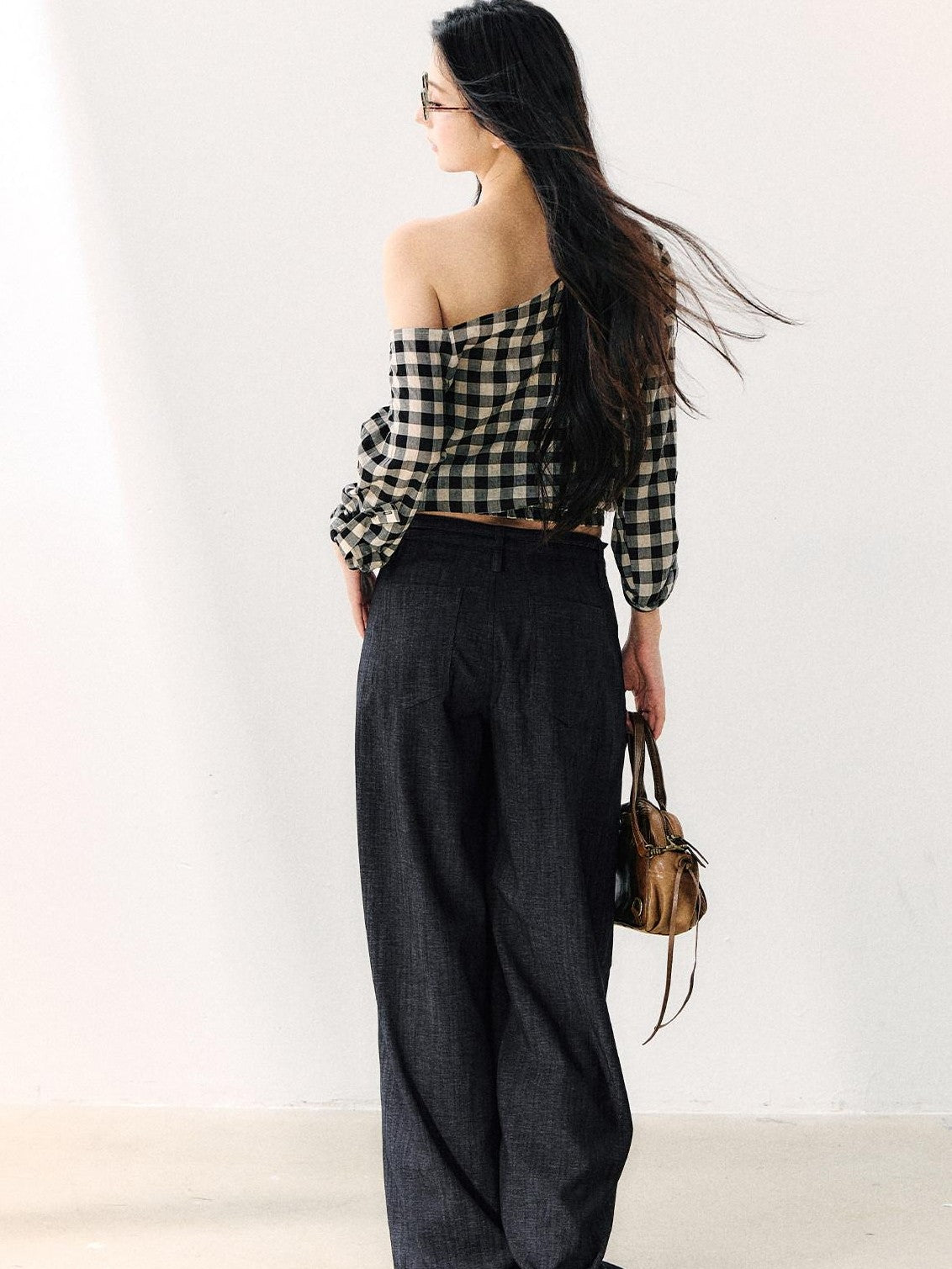 7Shiftin Washed Plaid One Shoulder Bow Ruched Waist Spliced Women&