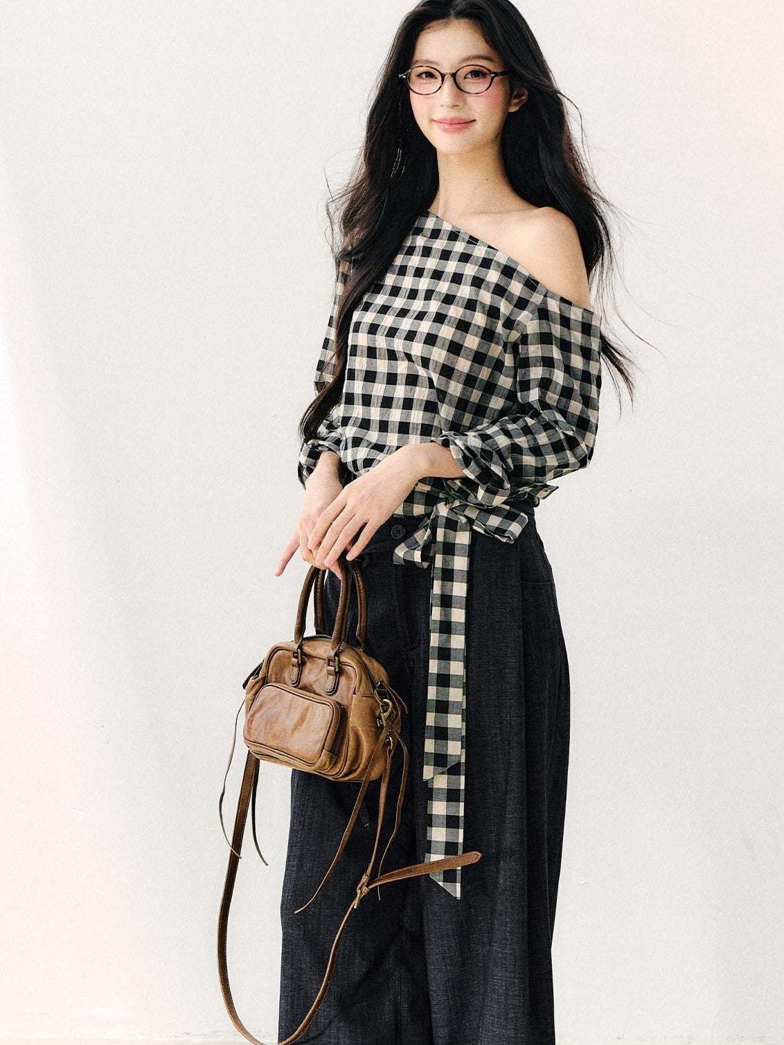 7Shiftin Washed Plaid One Shoulder Bow Ruched Waist Spliced Women&