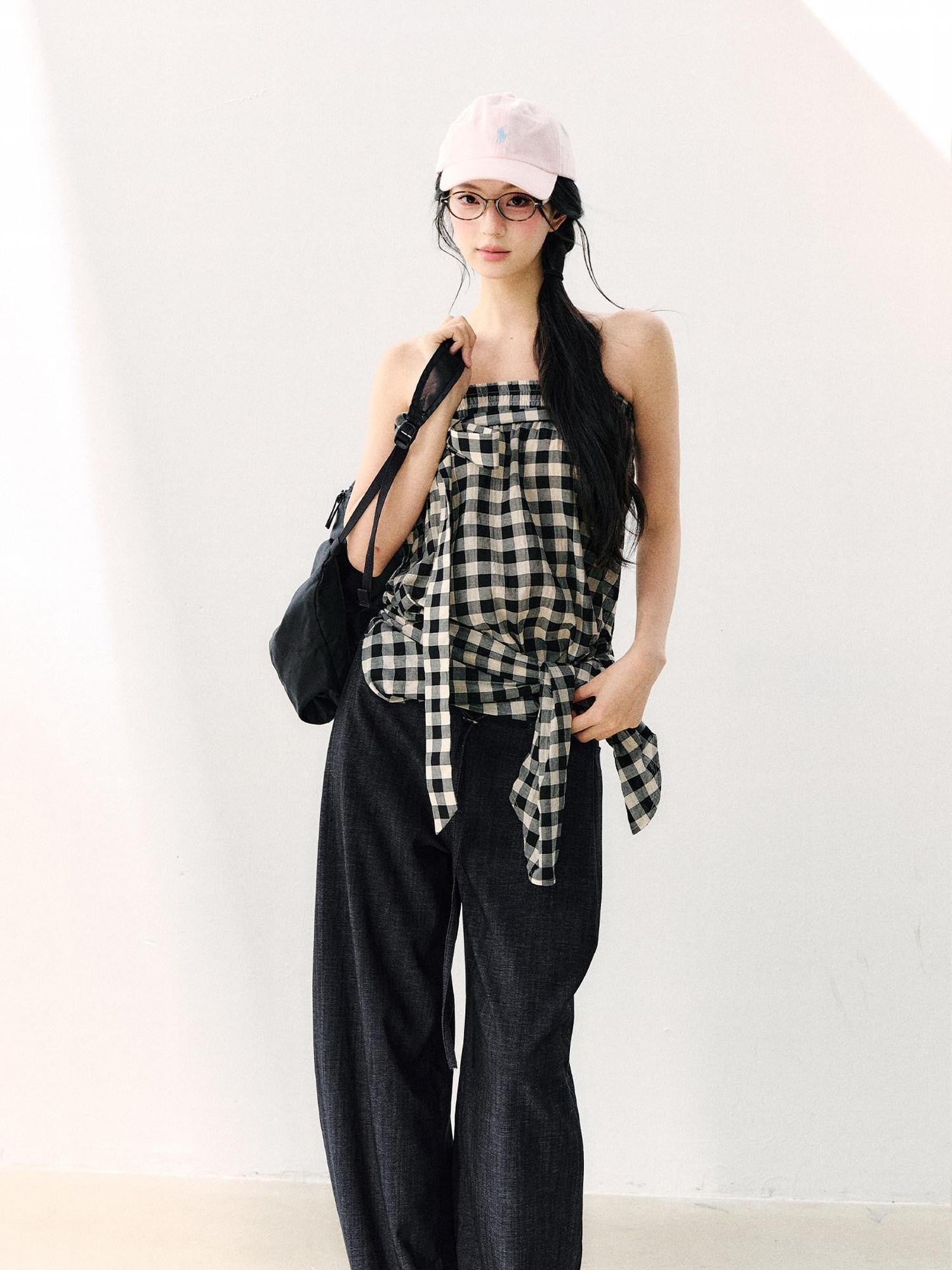 7Shiftin Washed Plaid One Shoulder Bow Ruched Waist Spliced Women&