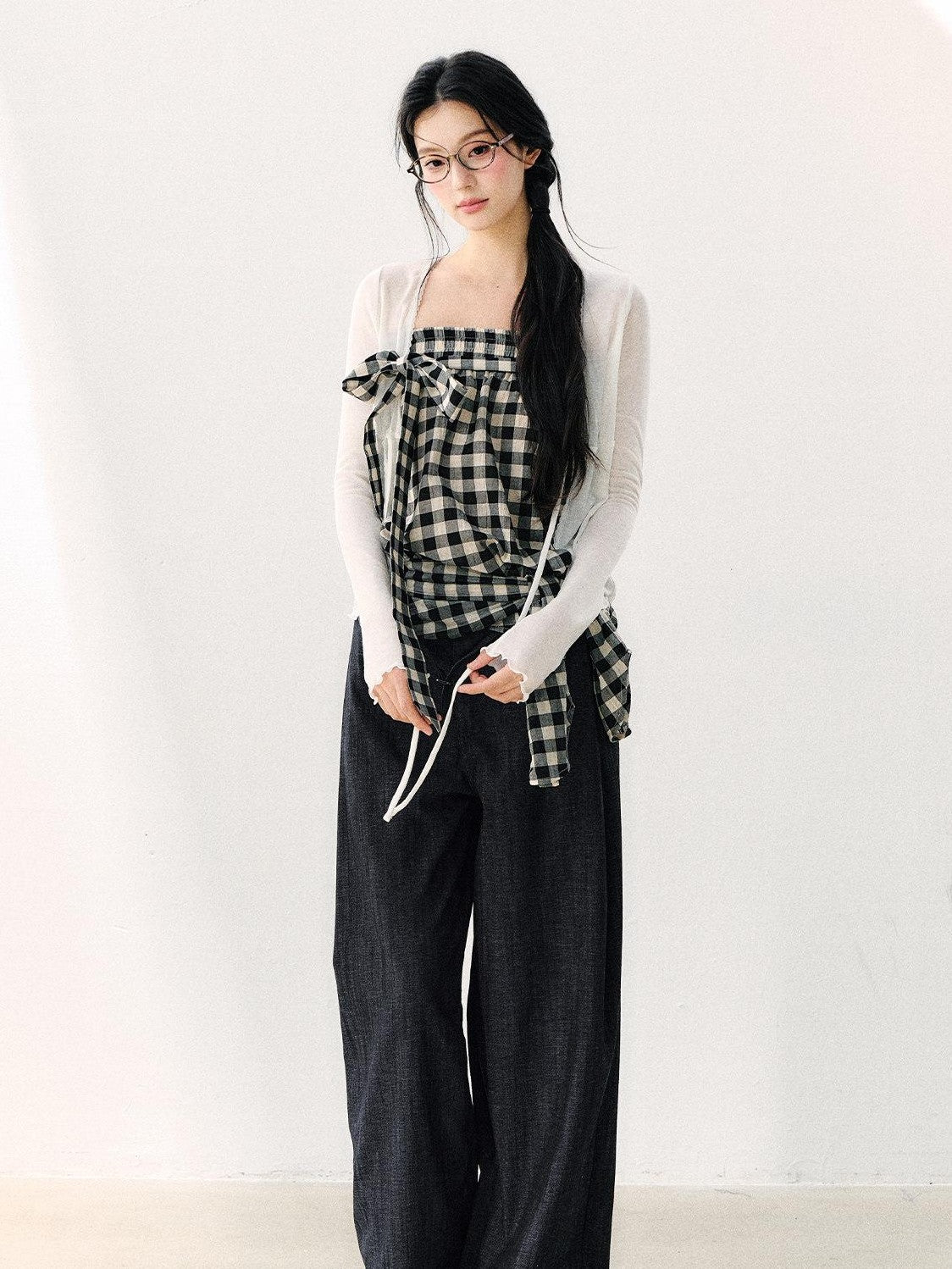 7Shiftin Washed Plaid One Shoulder Bow Ruched Waist Spliced Women&