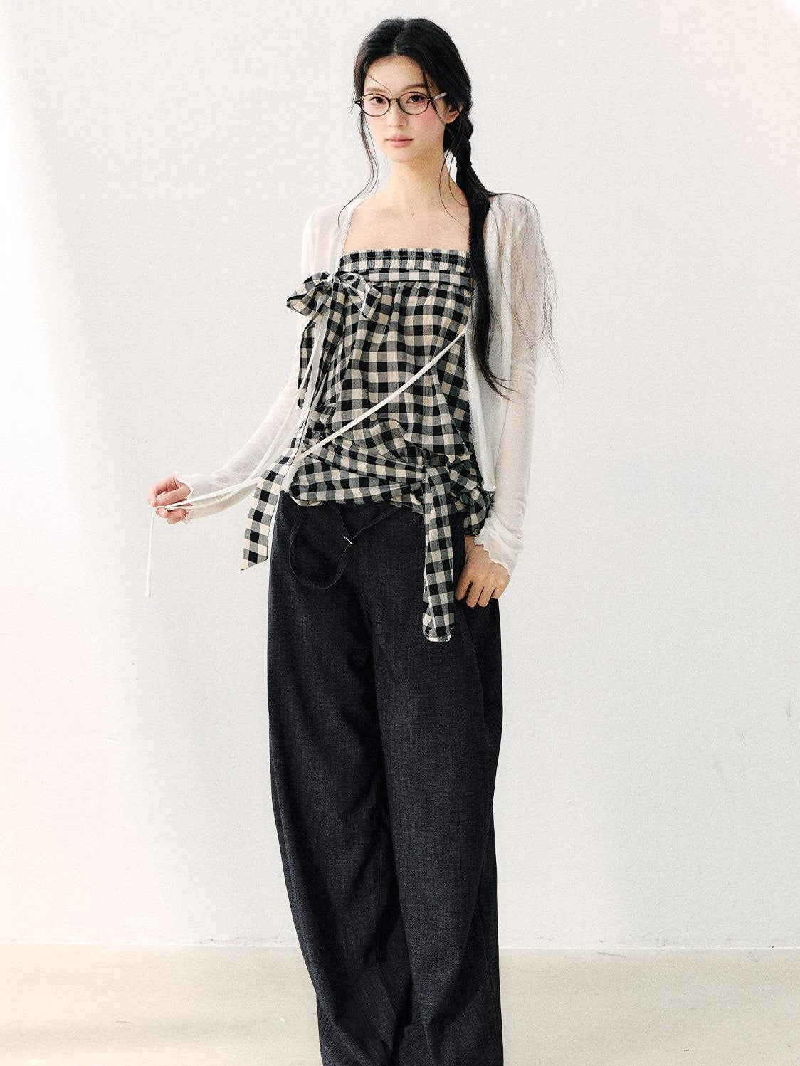 7Shiftin Washed Plaid One Shoulder Bow Ruched Waist Spliced Women&