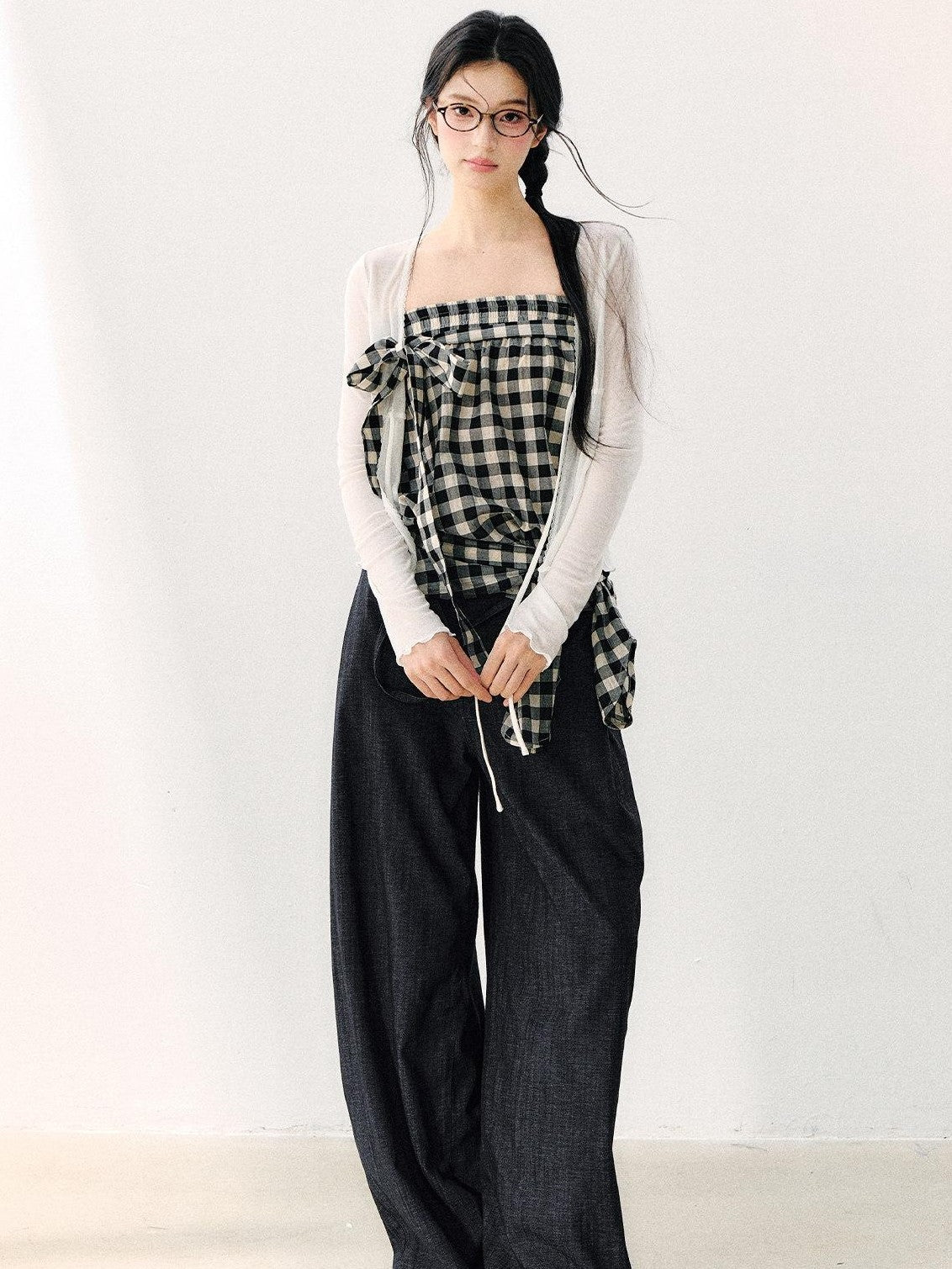 7Shiftin Washed Plaid One Shoulder Bow Ruched Waist Spliced Women&