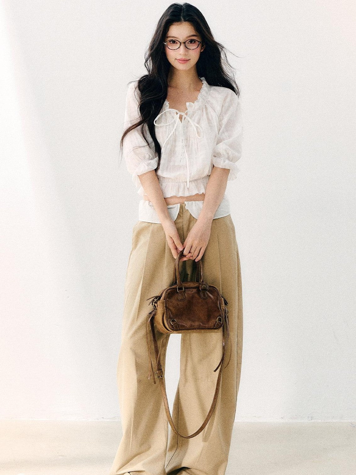 7Shiftin Wavy Pleated Ruffle Collar Puff Sleeve Women&