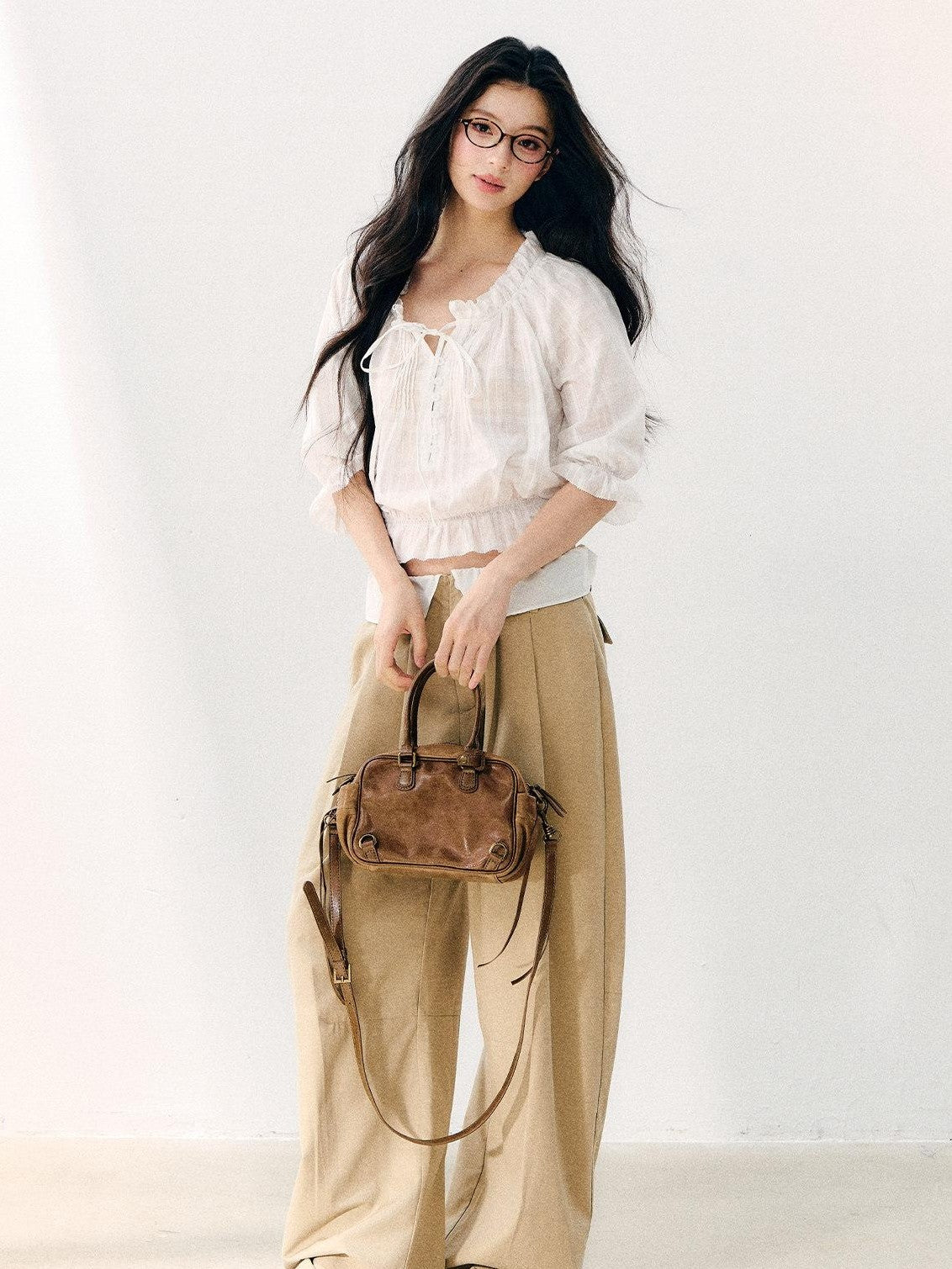 7Shiftin Wavy Pleated Ruffle Collar Puff Sleeve Women&
