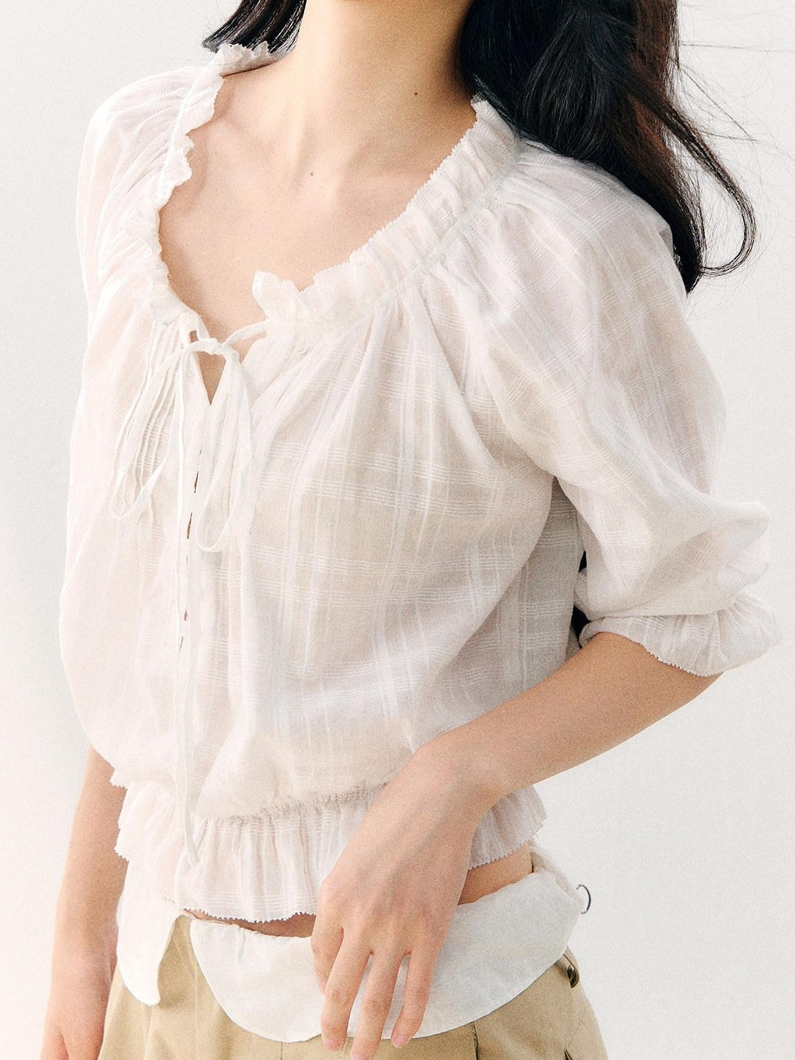 7Shiftin Wavy Pleated Ruffle Collar Puff Sleeve Women&