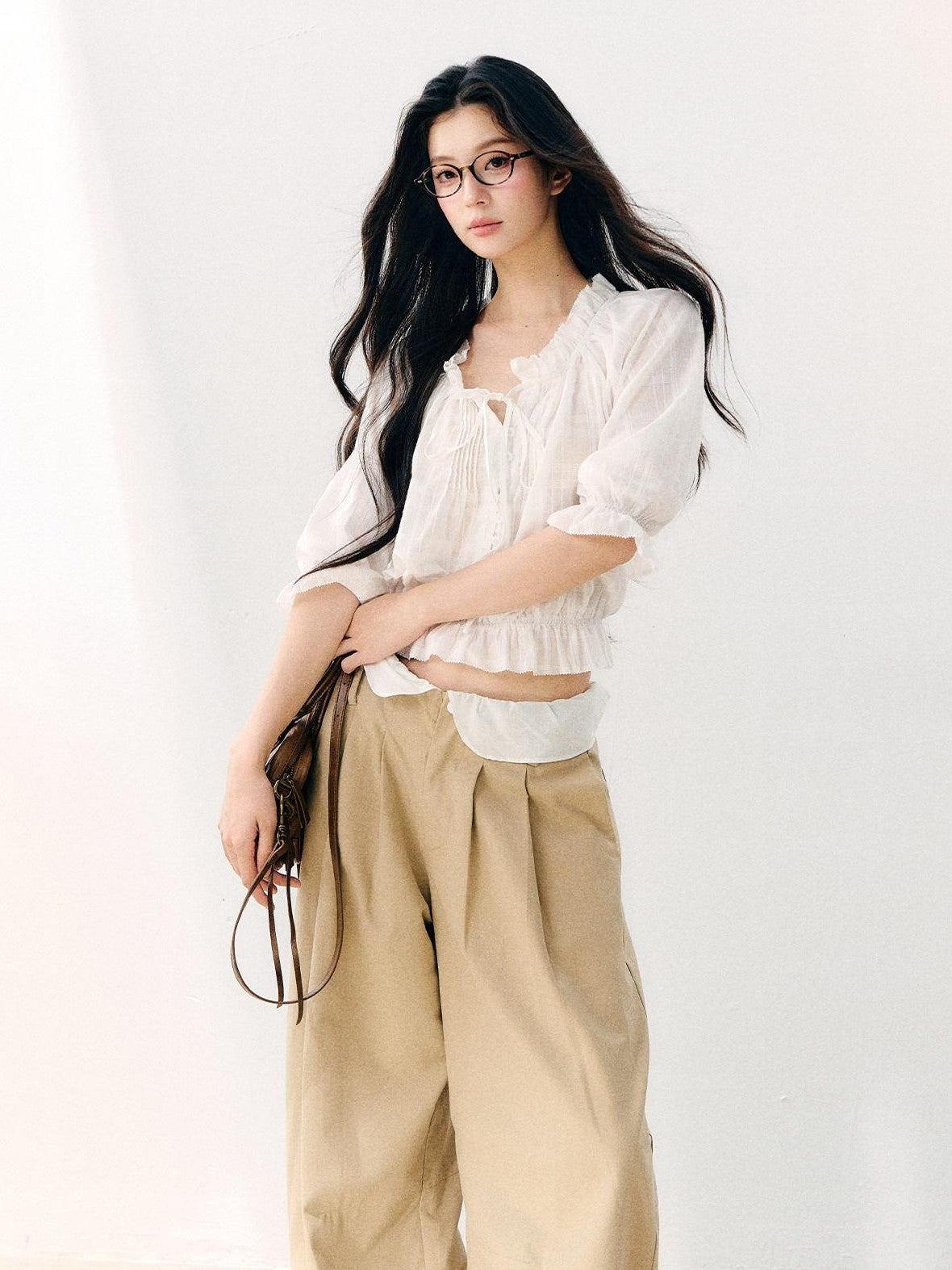 7Shiftin Wavy Pleated Ruffle Collar Puff Sleeve Women&