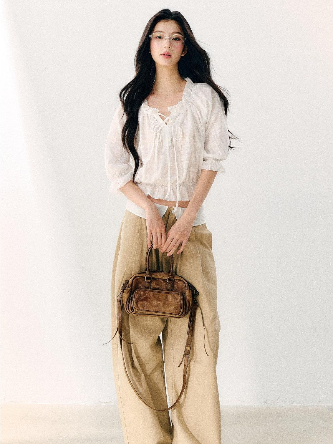 7Shiftin Wavy Pleated Ruffle Collar Puff Sleeve Women&