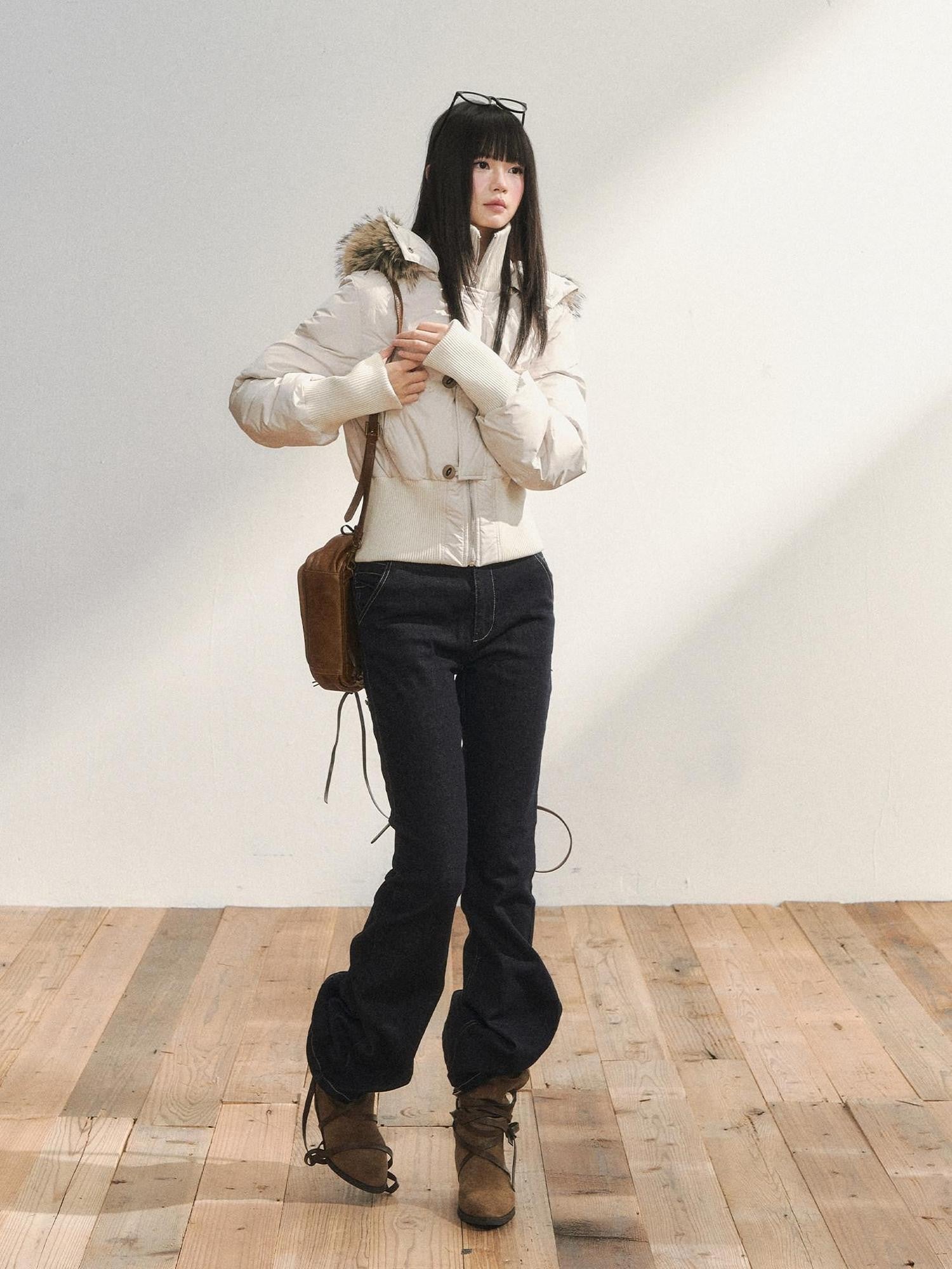 7Shiftin White Fur Collar Stand Collar Waist Cinched Women&
