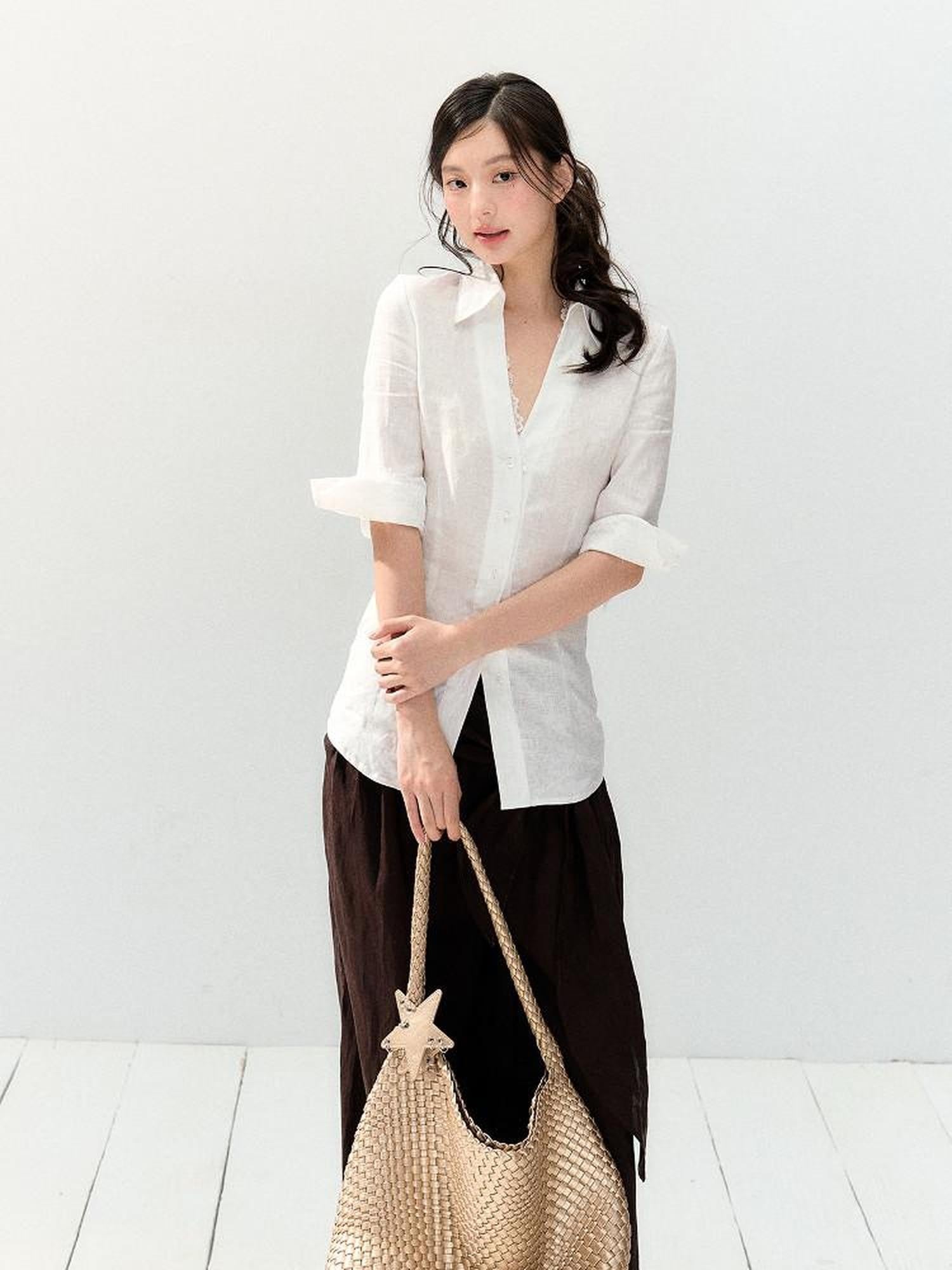 7Shiftin White Lace Spliced Deep V Slim Fit Short Sleeve Open Front Women&