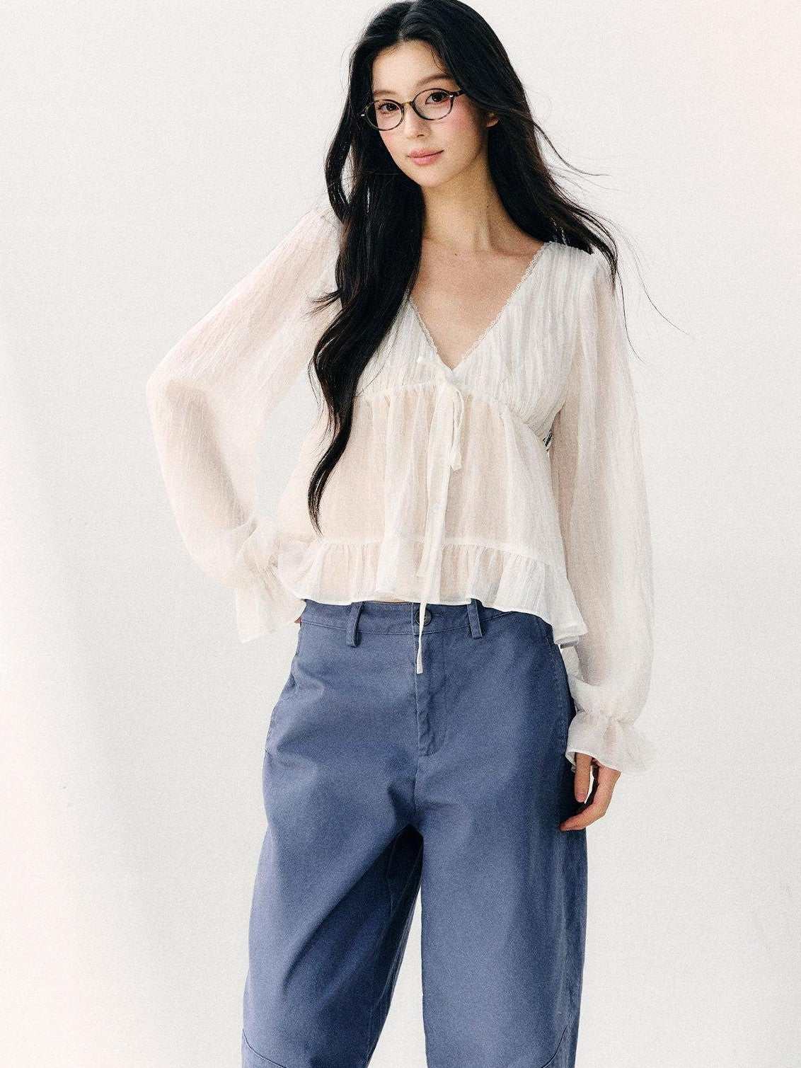 7Shiftin White Tie V-neck Double Ruffle Chiffon Women&