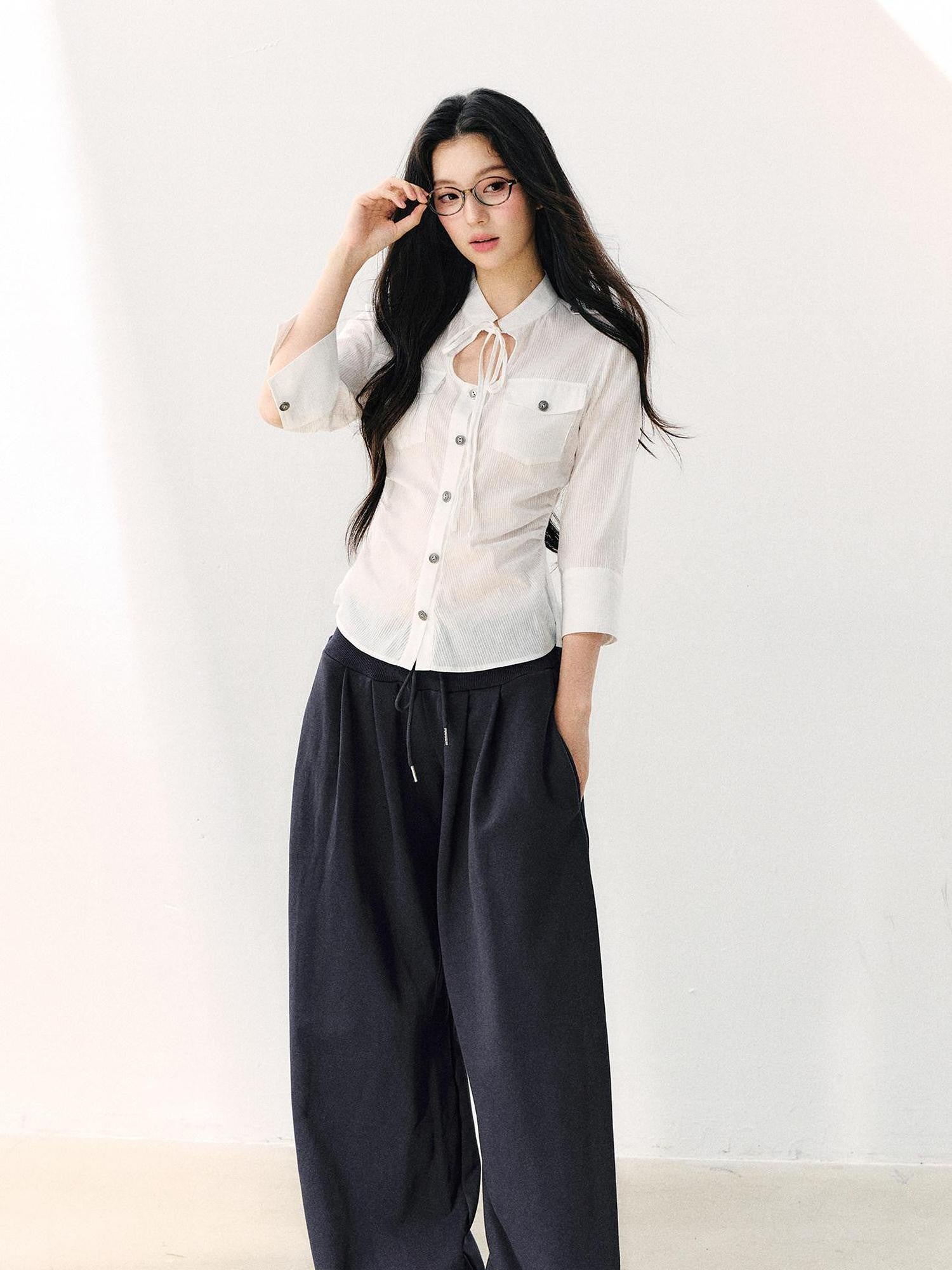 7Shiftin White Tie Waist Turn Down Collar Three Quarter Sleeve Women&