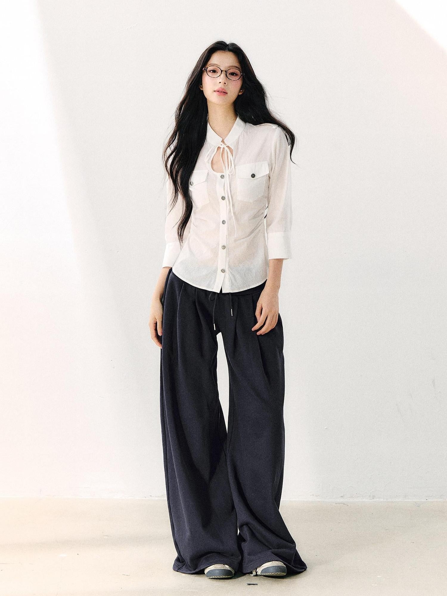 7Shiftin White Tie Waist Turn Down Collar Three Quarter Sleeve Women&