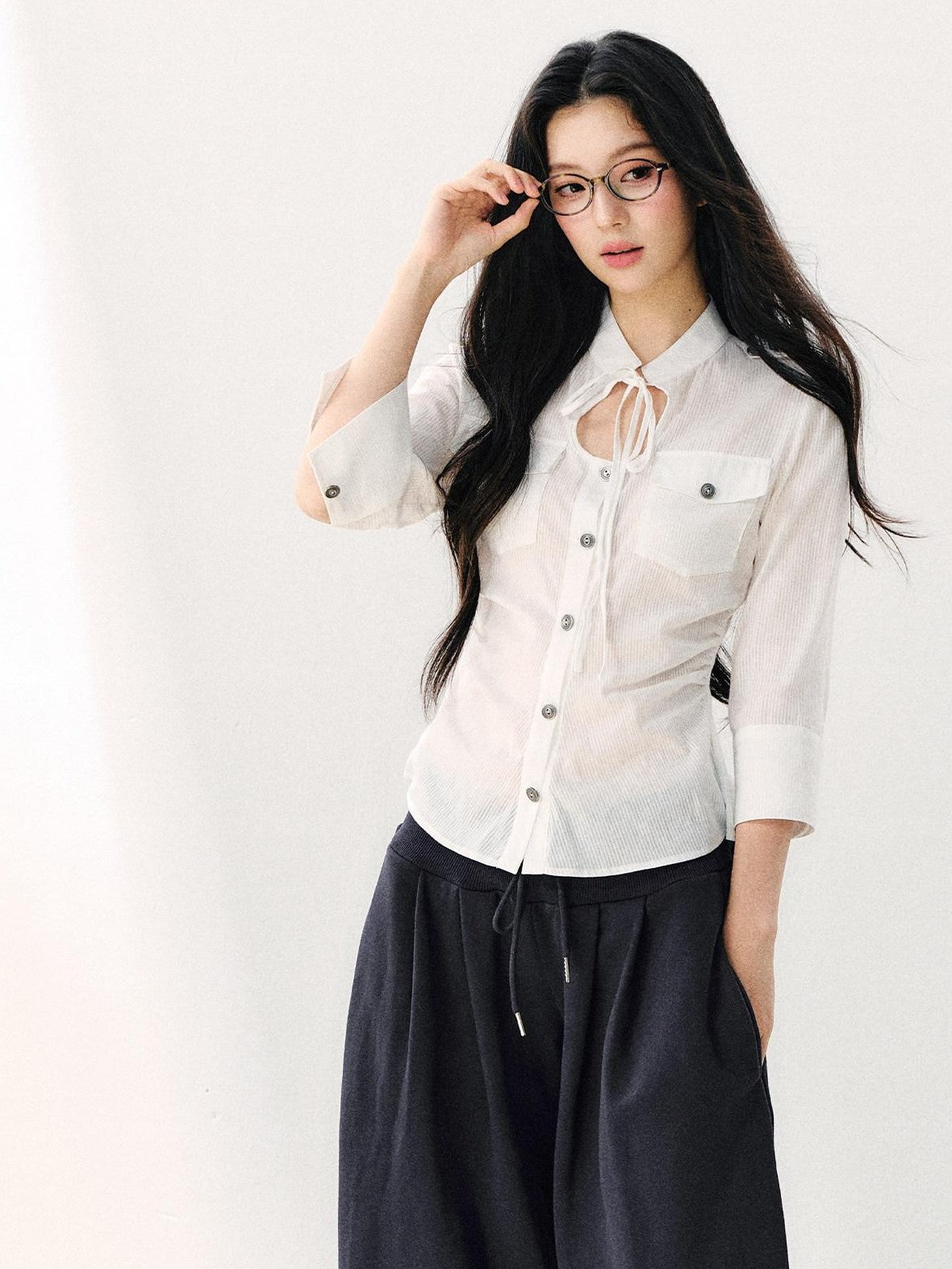 7Shiftin White Tie Waist Turn Down Collar Three Quarter Sleeve Women&