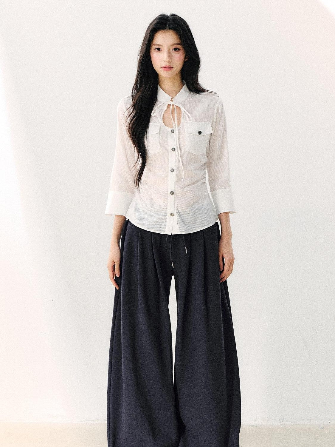 7Shiftin White Tie Waist Turn Down Collar Three Quarter Sleeve Women&