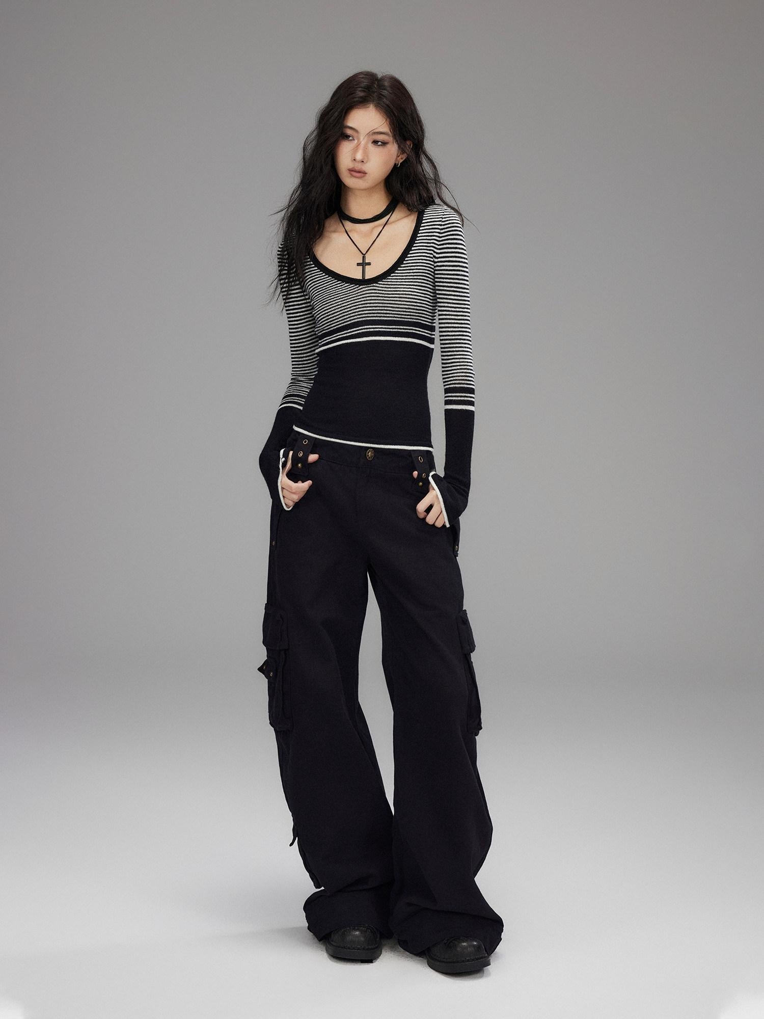 Low pixel Washed Low Rise Wide Leg Utility Loose Fit Womens Black Cargo Pants