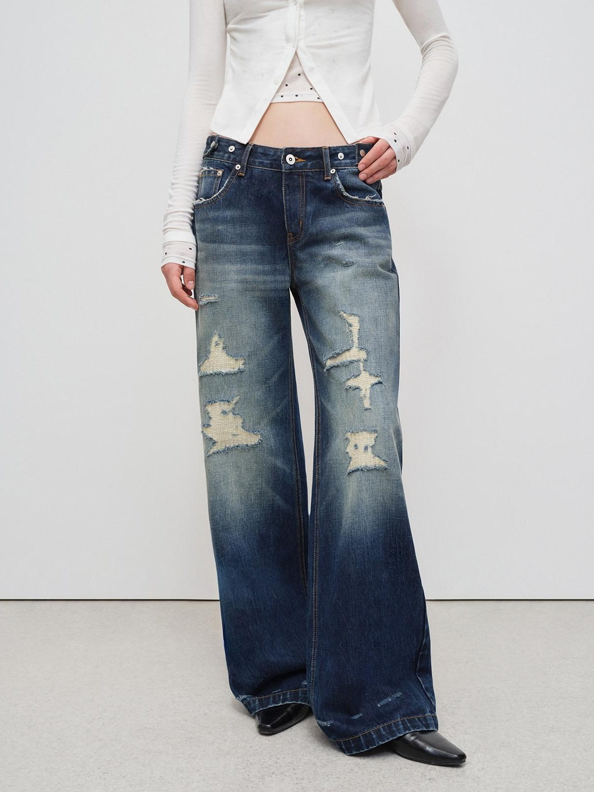 RUN TO THE FUTURE Vintage Distressed Low Rise Ripped Loose Fit Women Cotton Zipper Wide-Leg Jeans