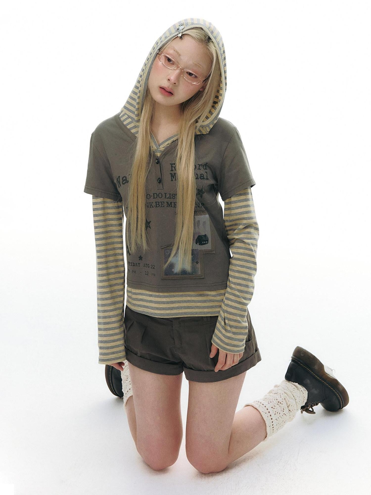 NAPSNAPS Striped Patchwork Letter Print Hooded Women&