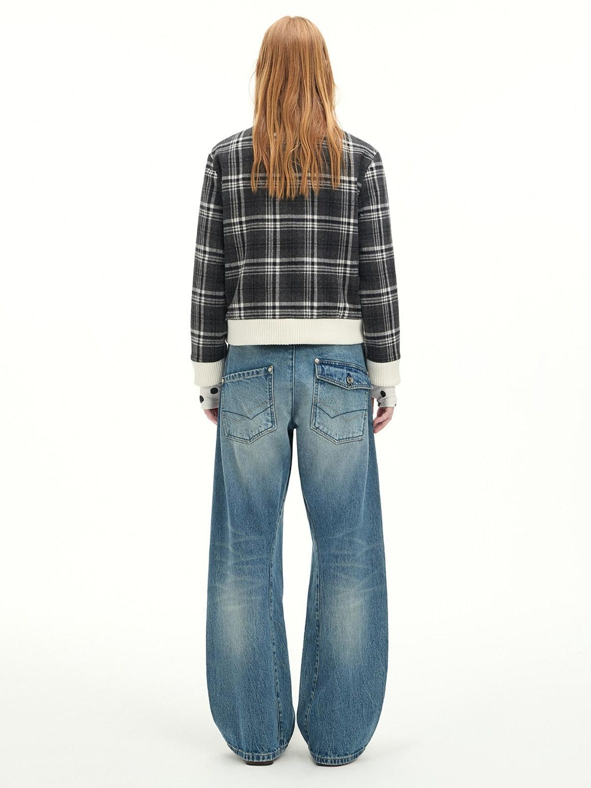 RUN TO THE FUTURE Washed Cotton Casual Natural Waist Topstitch Women Denim Blue Wide-Leg Jeans