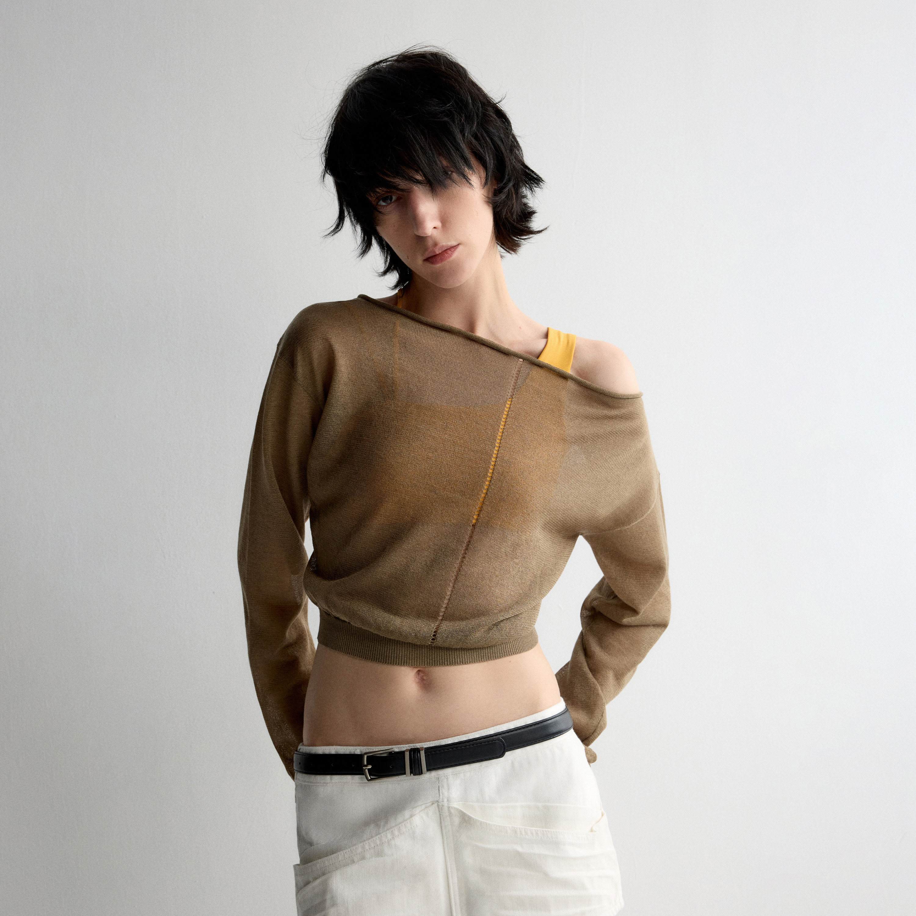 RUN TO THE FUTURE Lyocell Wool Blend Reversible Loose Cropped Boat Neck Knit Long Sleeve T-Shirts