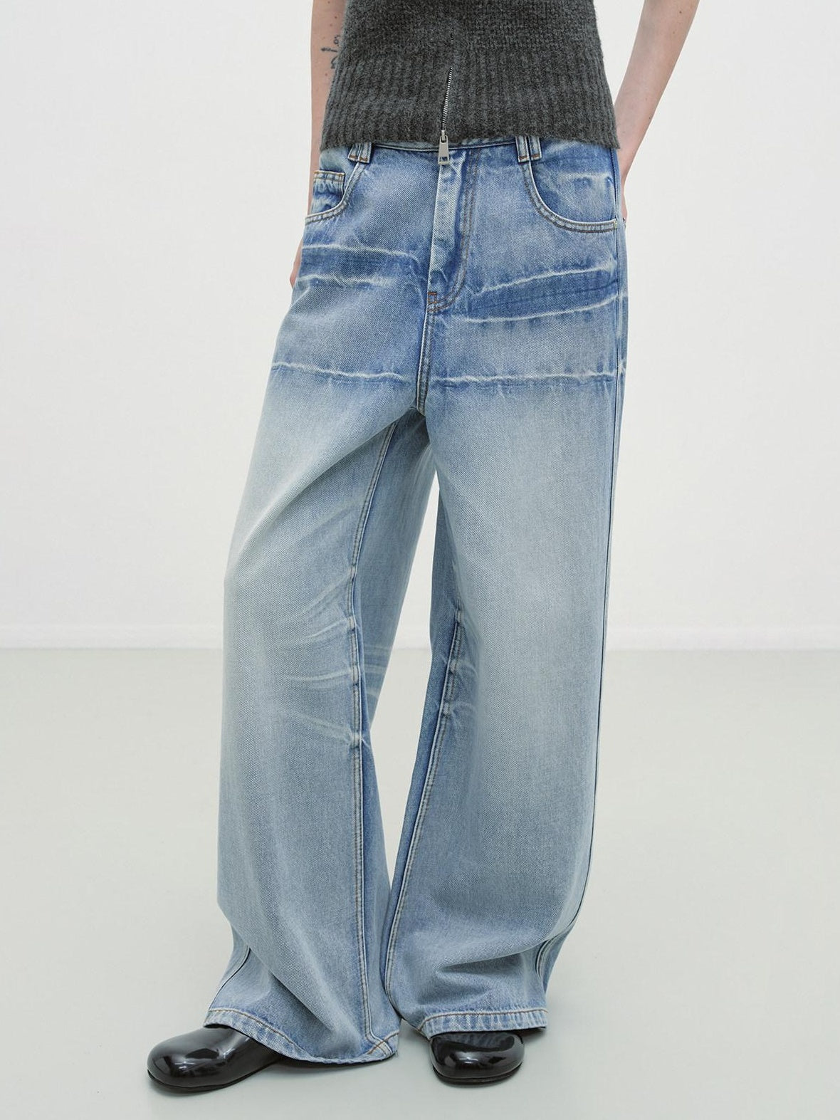 RUN TO THE FUTURE Washed Low Waist Casual Loose Fit Cotton Zipper Women Denim Blue Wide-Leg Jeans