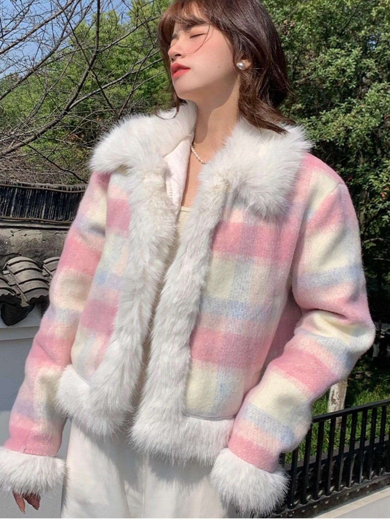 7Shiftin Pink Plaid Hidden Button Notch Lapel Preppy Youth Straight Fit Cropped Jackets