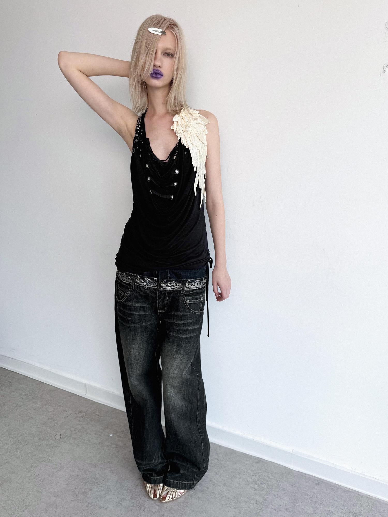DoublePunch Sequin Embroidered Double Waistband Curved Cut Women&