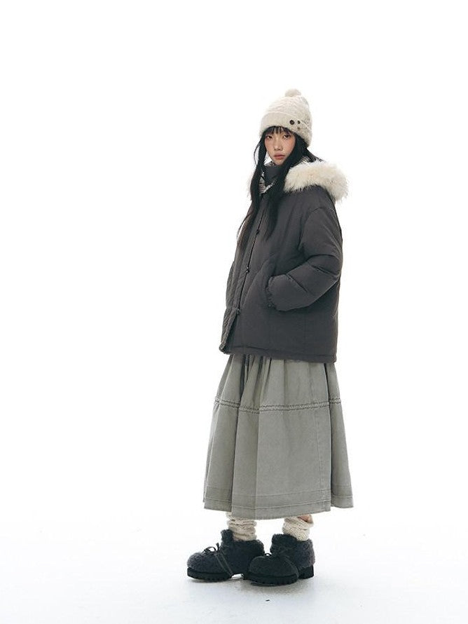 NAPSNAPS White Fur Hooded Double Collar Faux Two Piece Women&