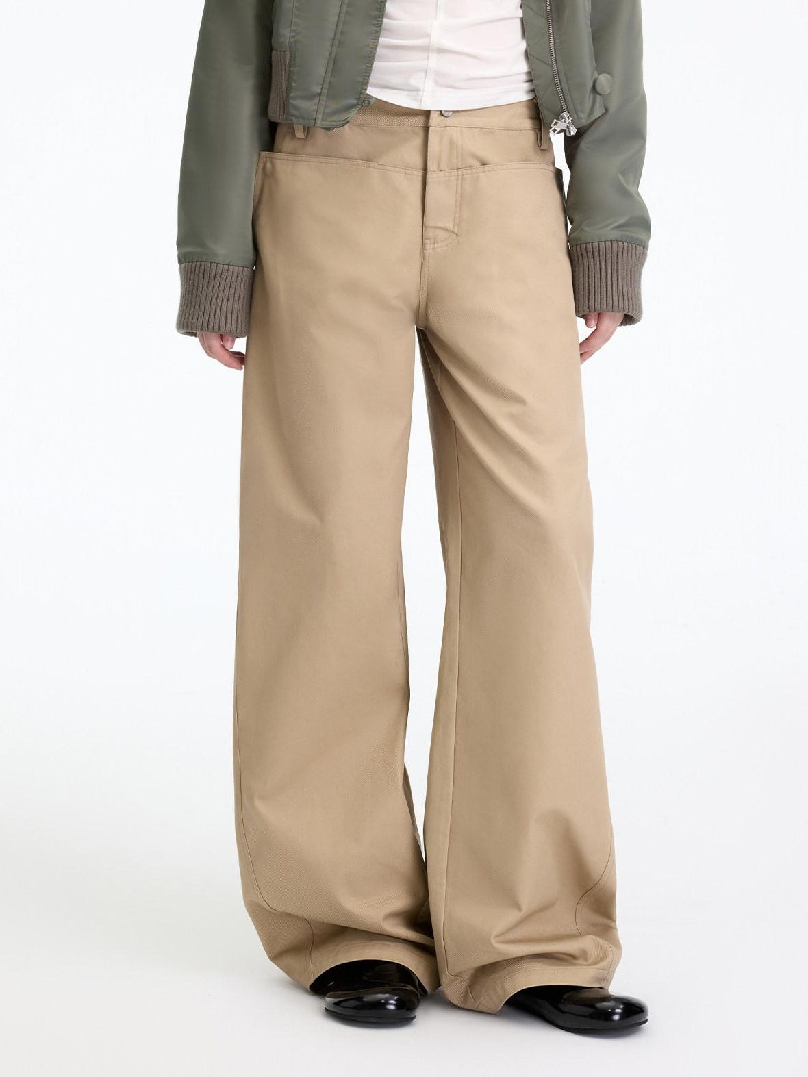 RUN TO THE FUTURE Leopard Patchwork Casual Loose Straight Leg Mid Rise Zip Fly Cotton Khaki Chinos