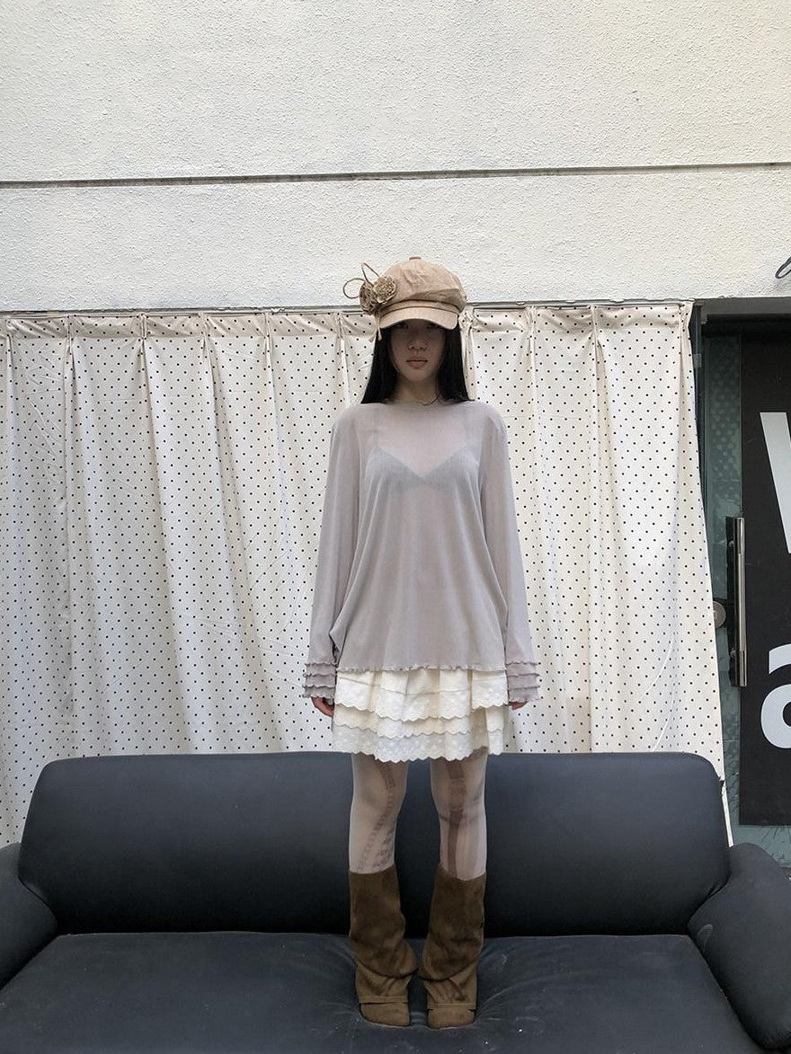 ang project Mocha Sheer Mesh Layered Ruffle Round Neck Women&