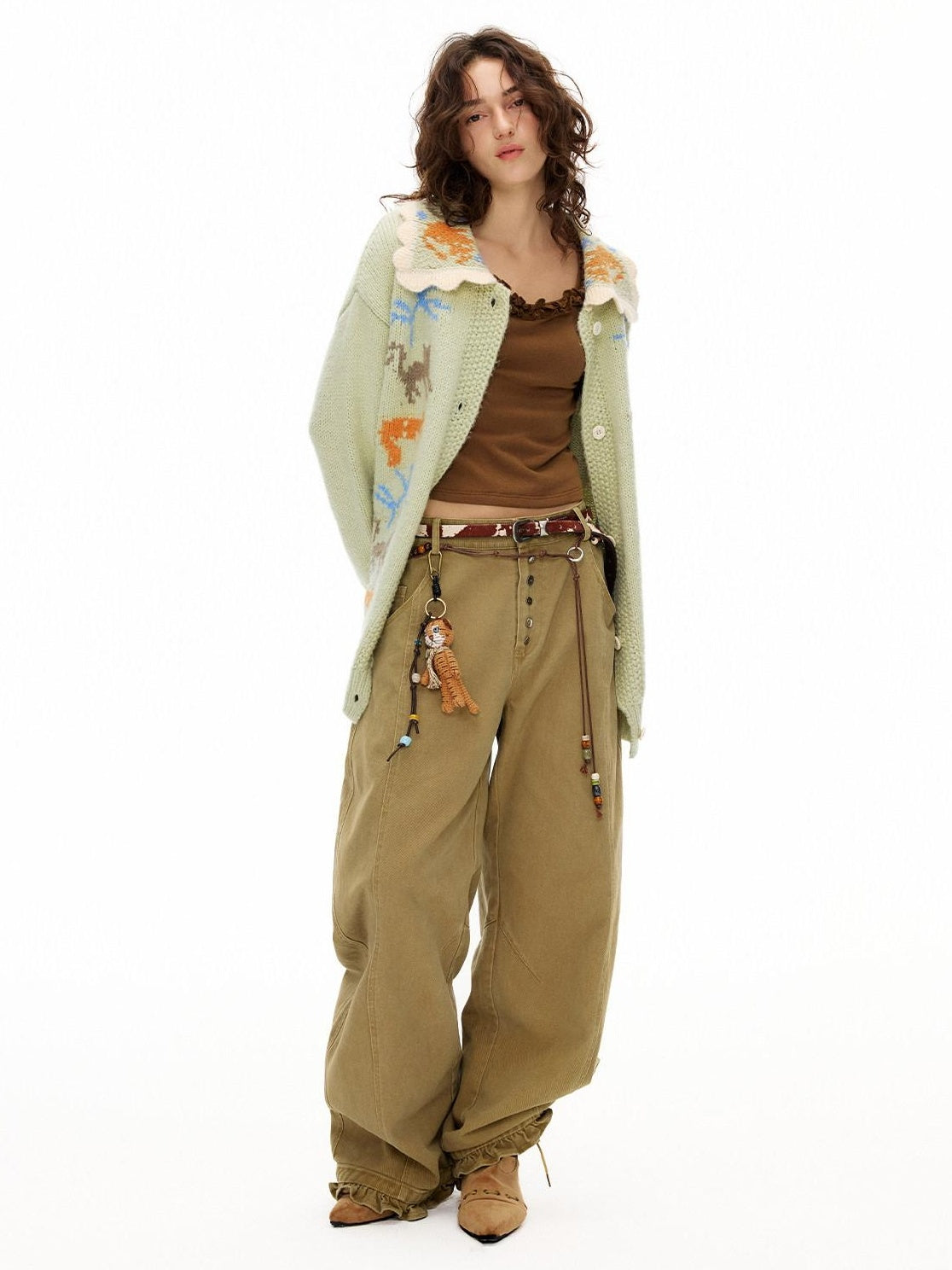 OuttheBlue Warm Acrylic Wool Commuter Loose Jacquard Mint Green Cardigans