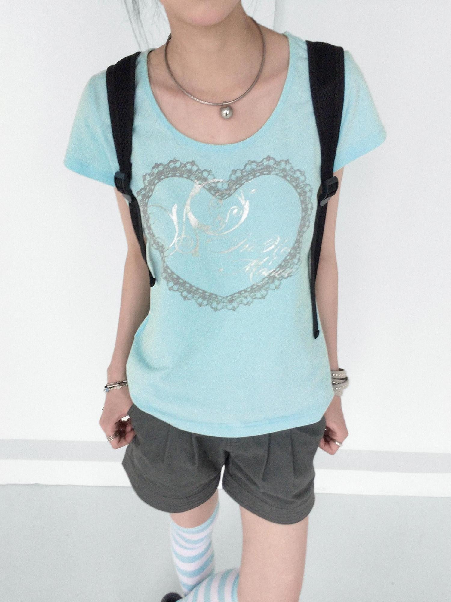 innomoood Lace Print Silver Foil Heart Lettering Women&