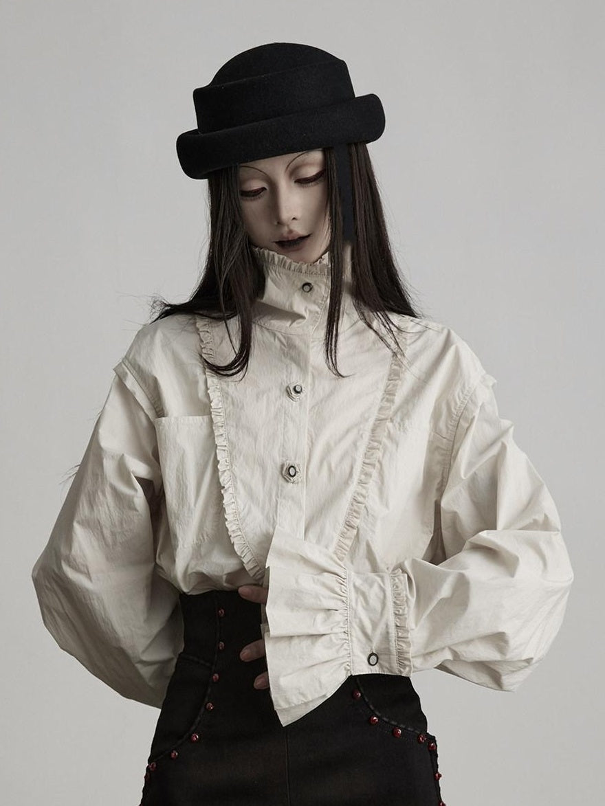INDULGE Elegant Pleated Loose Fit Stand Collar Long Sleeve Cotton Blend Daily Blouses